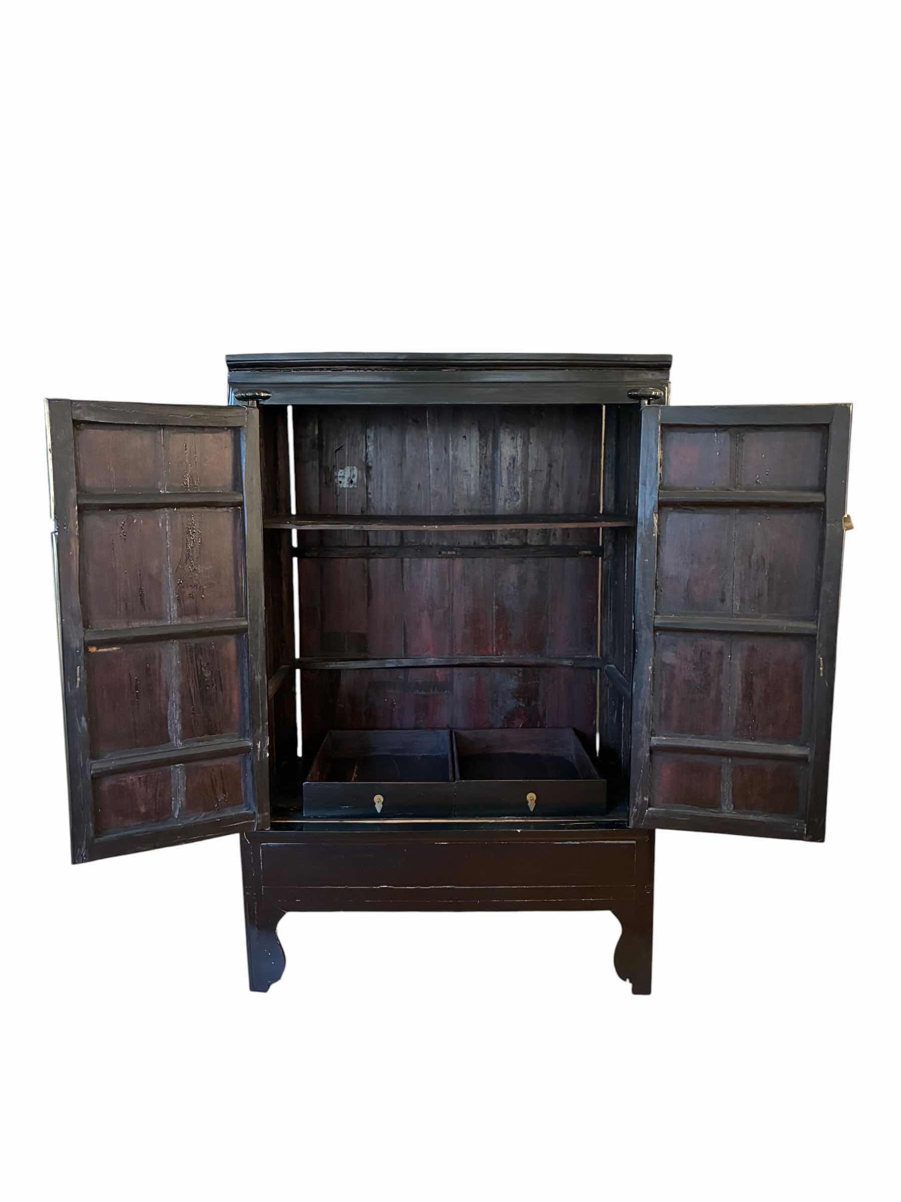 Photo 1 of ANTIQUE BLACK SOLID WOOD AGED BRASS 2-DOOR ARMOIRE W VINTAGE LOCK 43.5” X 26“ H67“