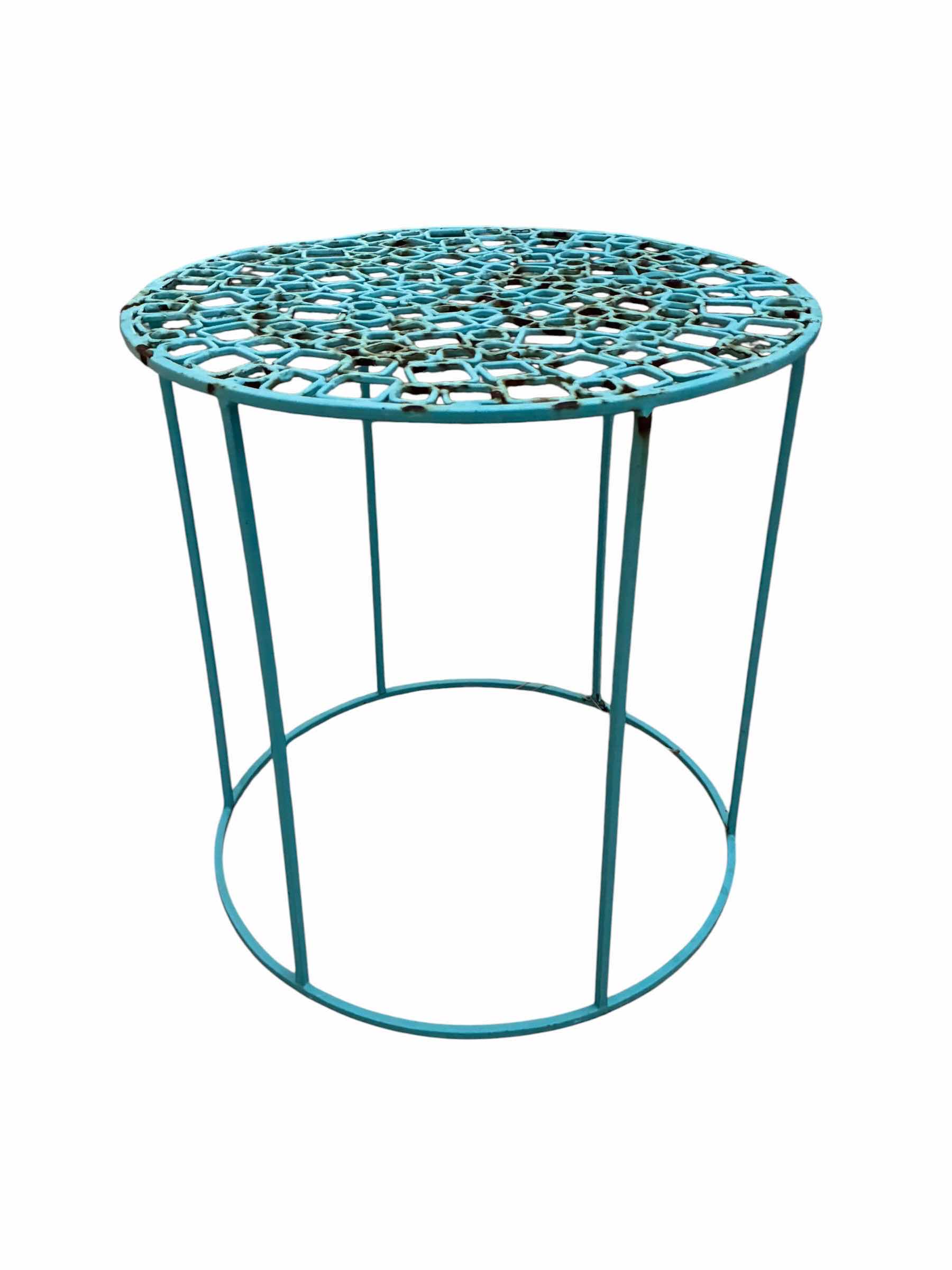 Photo 1 of VINTAGE ORNATE TEAL STEEL ROUND ACCENT PATIO TABLE 15” X 16”