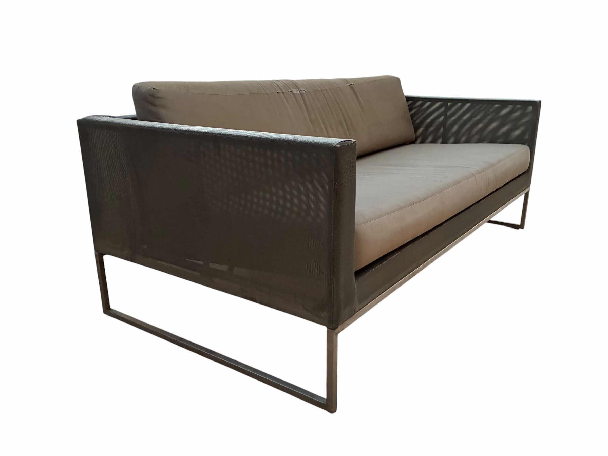 View 3 of BRUSH STEEL FRAME UPHOLSTERED PATIO SOFA W CUSHIONS 69” X 35” H24” $650