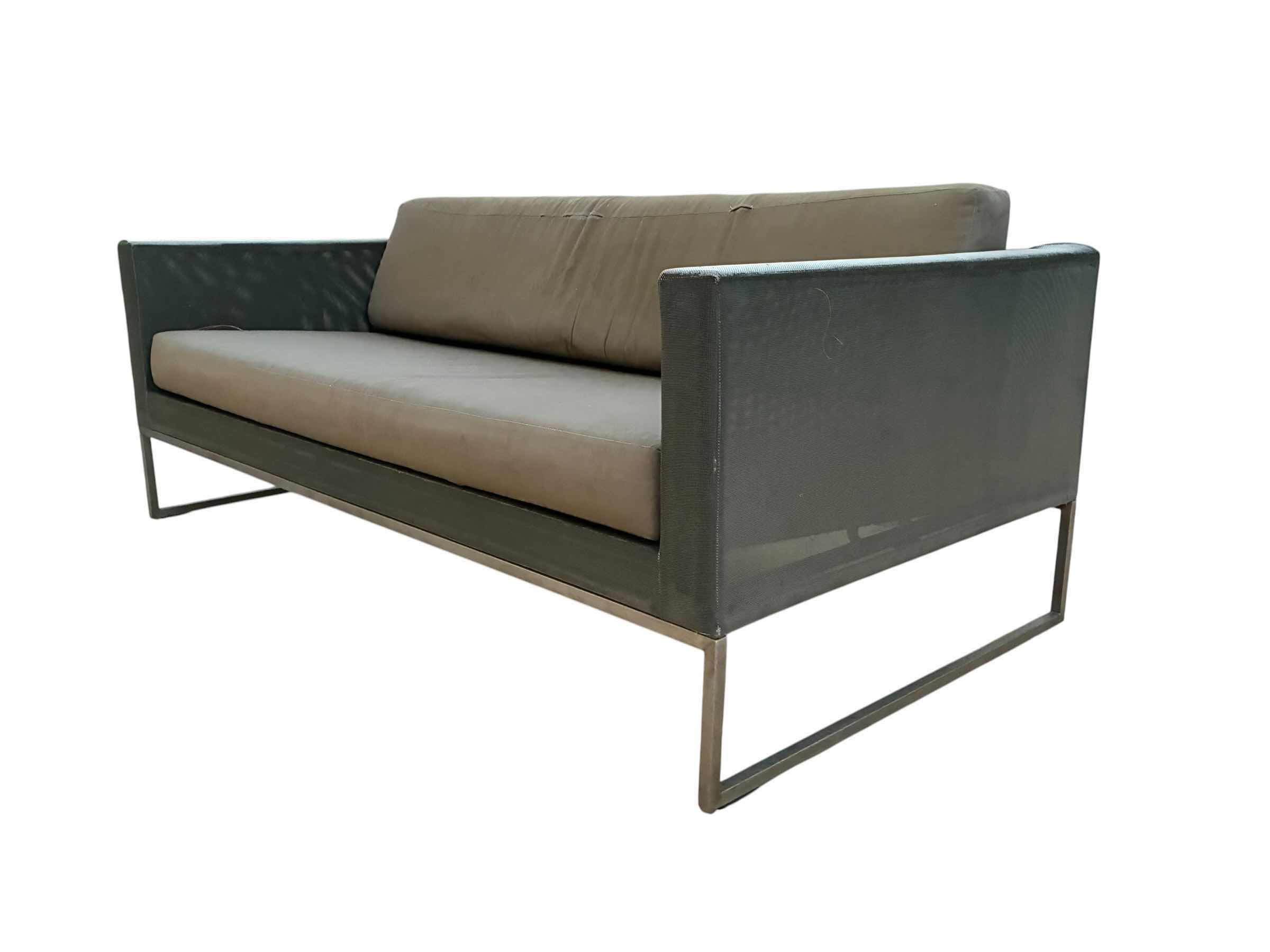 View 2 of BRUSH STEEL FRAME UPHOLSTERED PATIO SOFA W CUSHIONS 69” X 35” H24” $650