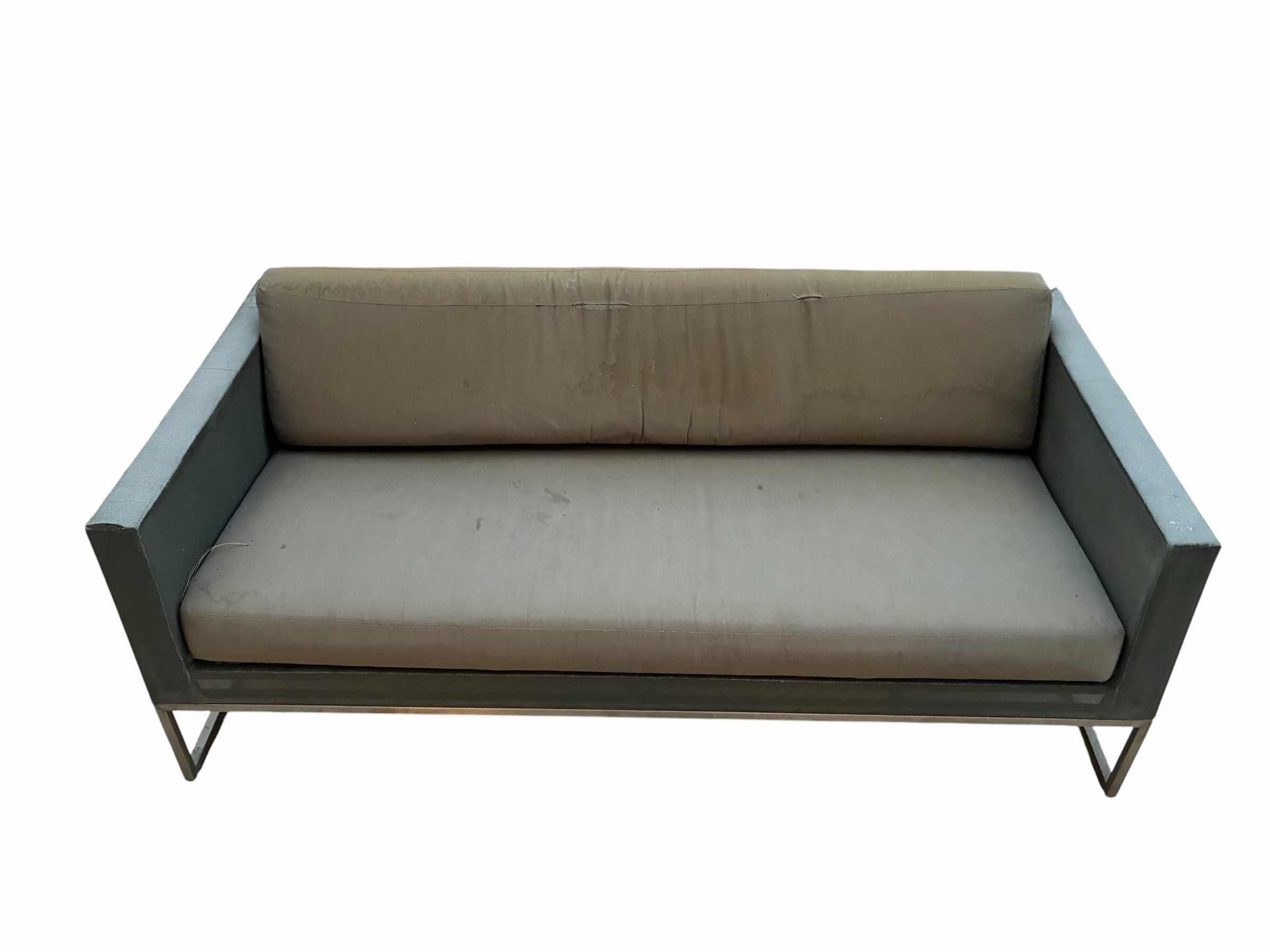 View 4 of BRUSH STEEL FRAME UPHOLSTERED PATIO SOFA W CUSHIONS 69” X 35” H24” $650