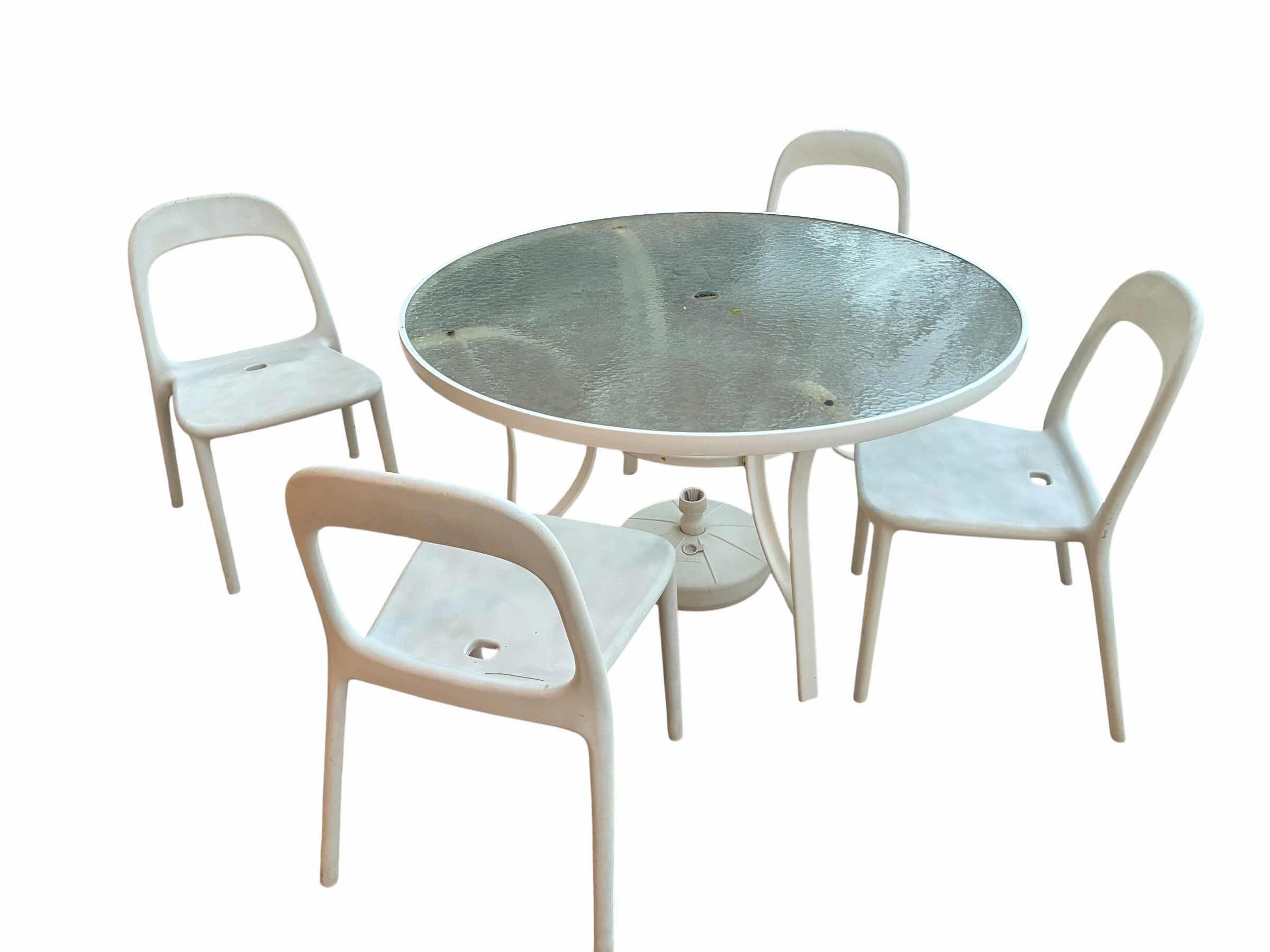 Photo 1 of SYROCO 5PC GLASS TOP ROUND TABLE SOLID PLASTIC CHAIR PATIO SET W UMBRELLA STAND