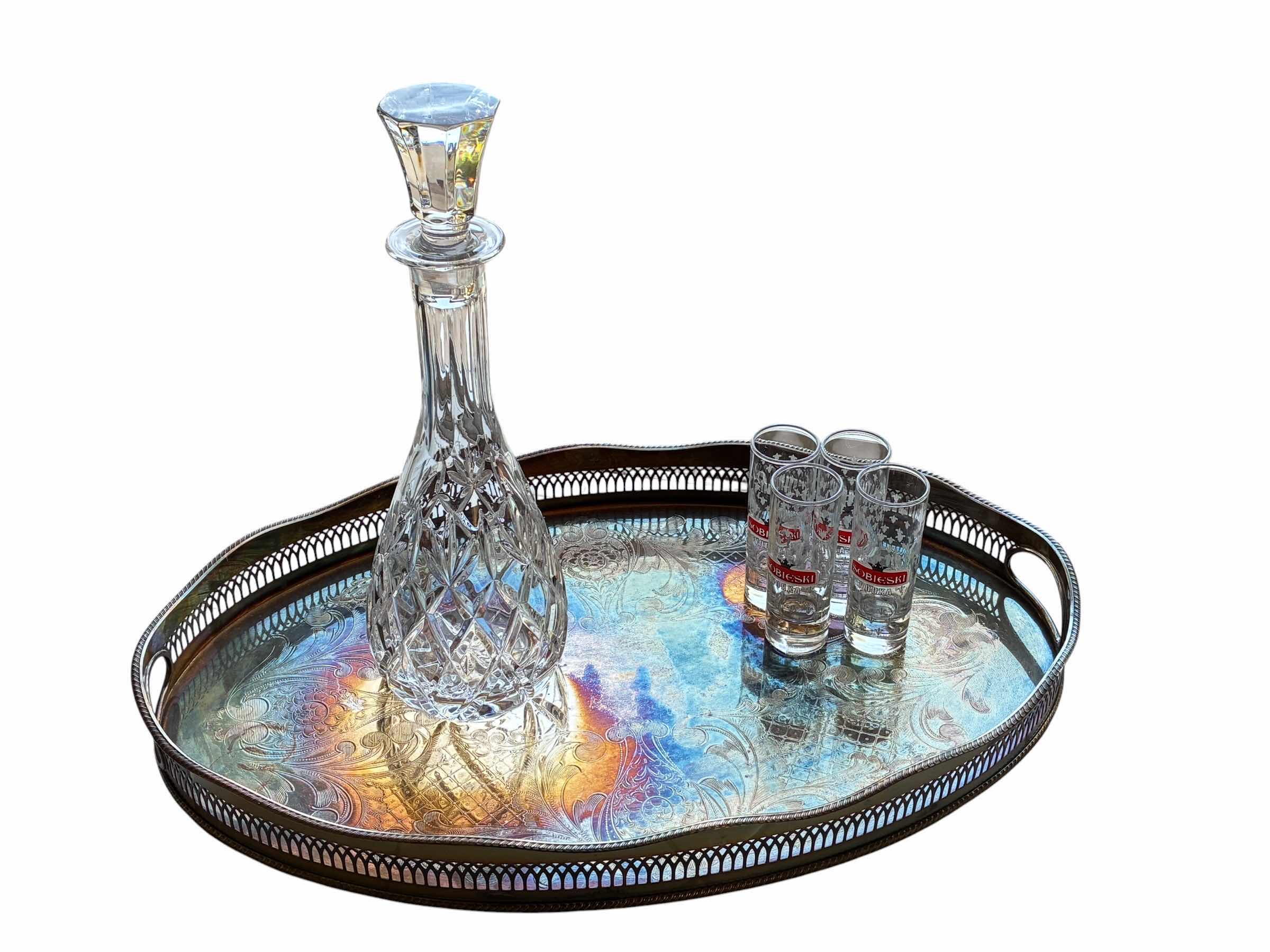 Photo 1 of CRYSTAL GLASS DECANTER W 4 SOBIESKI VODKA SHOT GLASSES & SILVERON COPPER JOHN SEYMOUR 19“ PLATTER