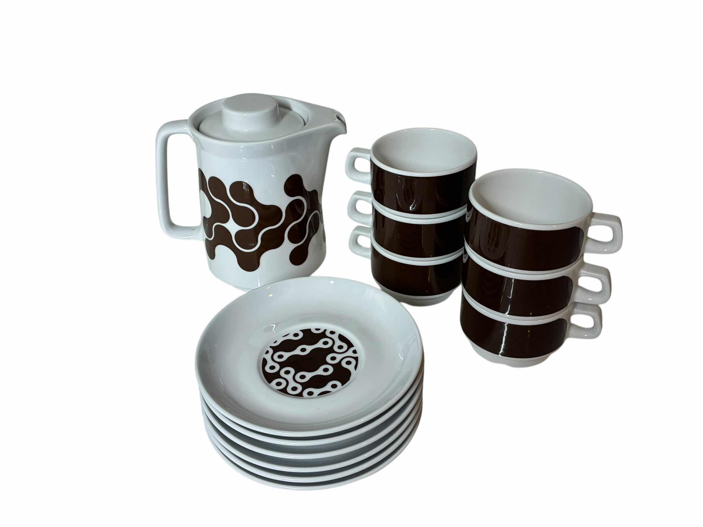 View 2 of NOT NEUTRAL POLAND 13PC BROWN/WHITE GEAR TEAPOT, TEA CUP & SAUCER SET
