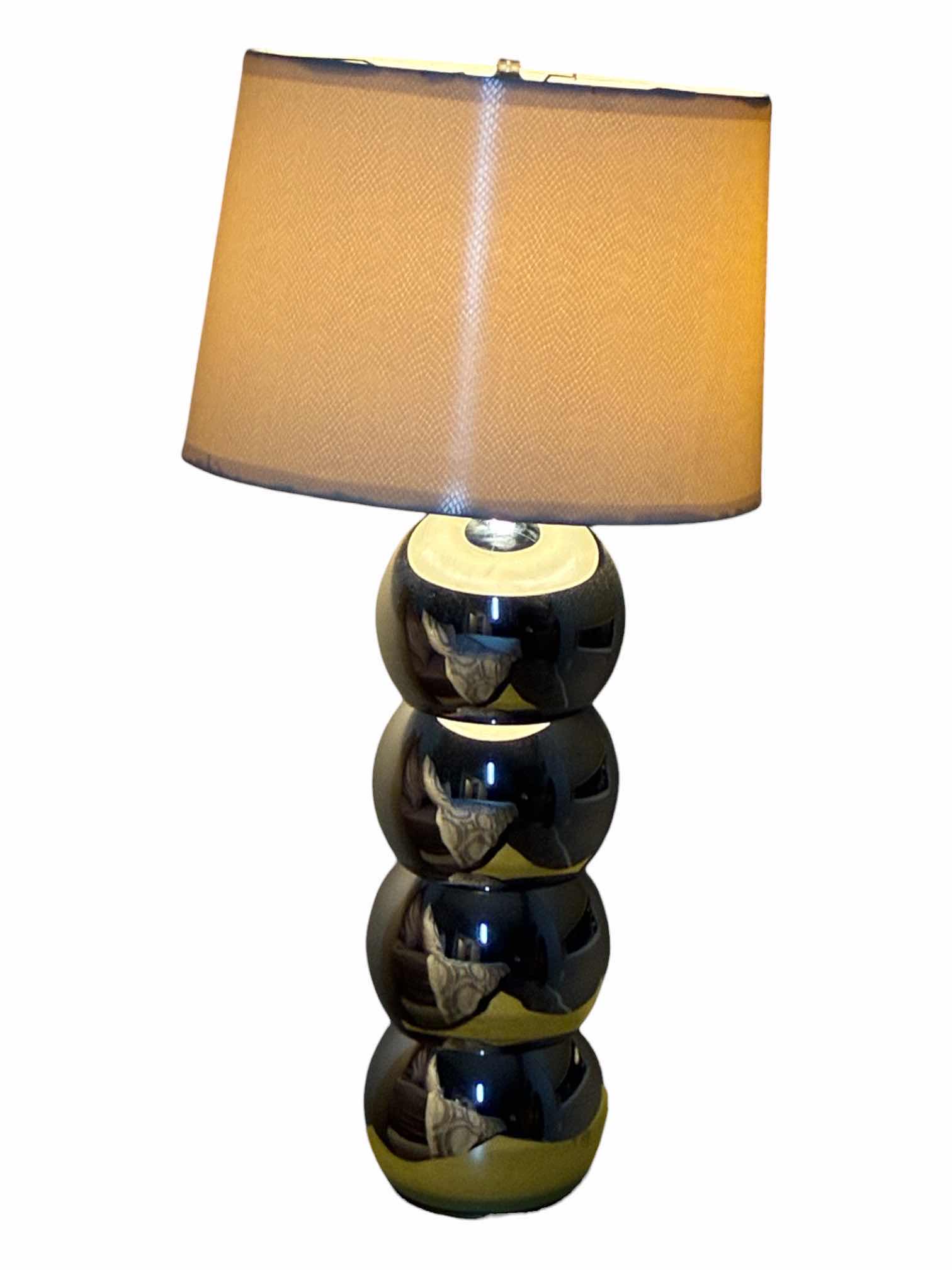 Photo 1 of STACKED CHROME METAL BALL 14” CREAM SHADE TABLE LAMP H32” $300