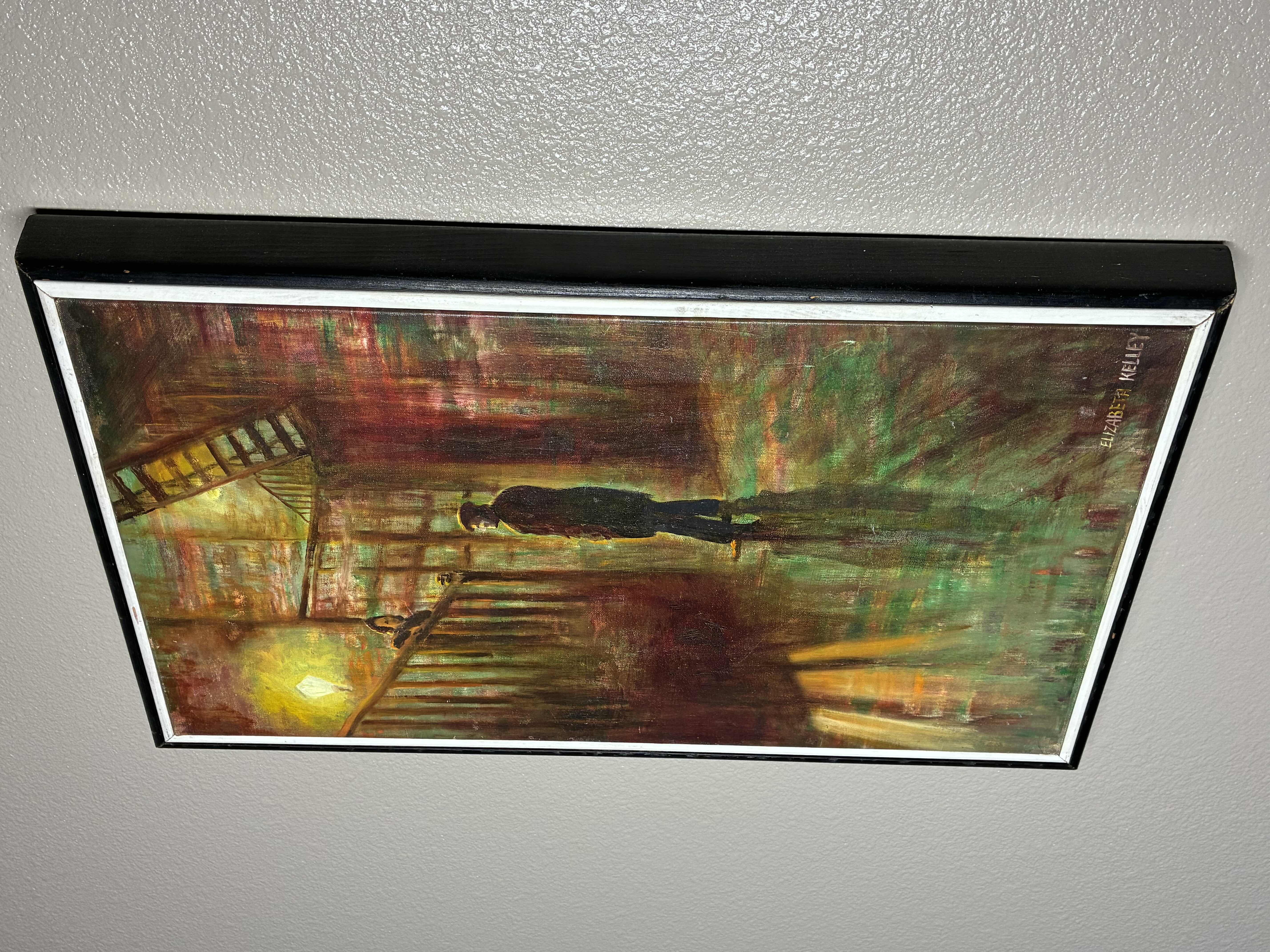 Photo 1 of NOIR DISTRICT SCENE PAINTING SIGNED BY ELIZABETH KELLEY FRAMED CANVAS ARTWORK 15” X 26”