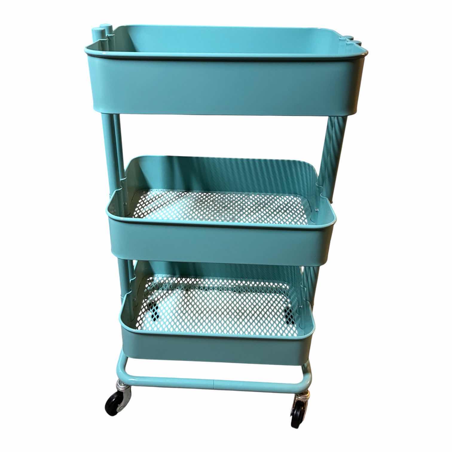 Photo 1 of 3-TIER TEAL METAL MESH ROLLING LAUNDRY RACK