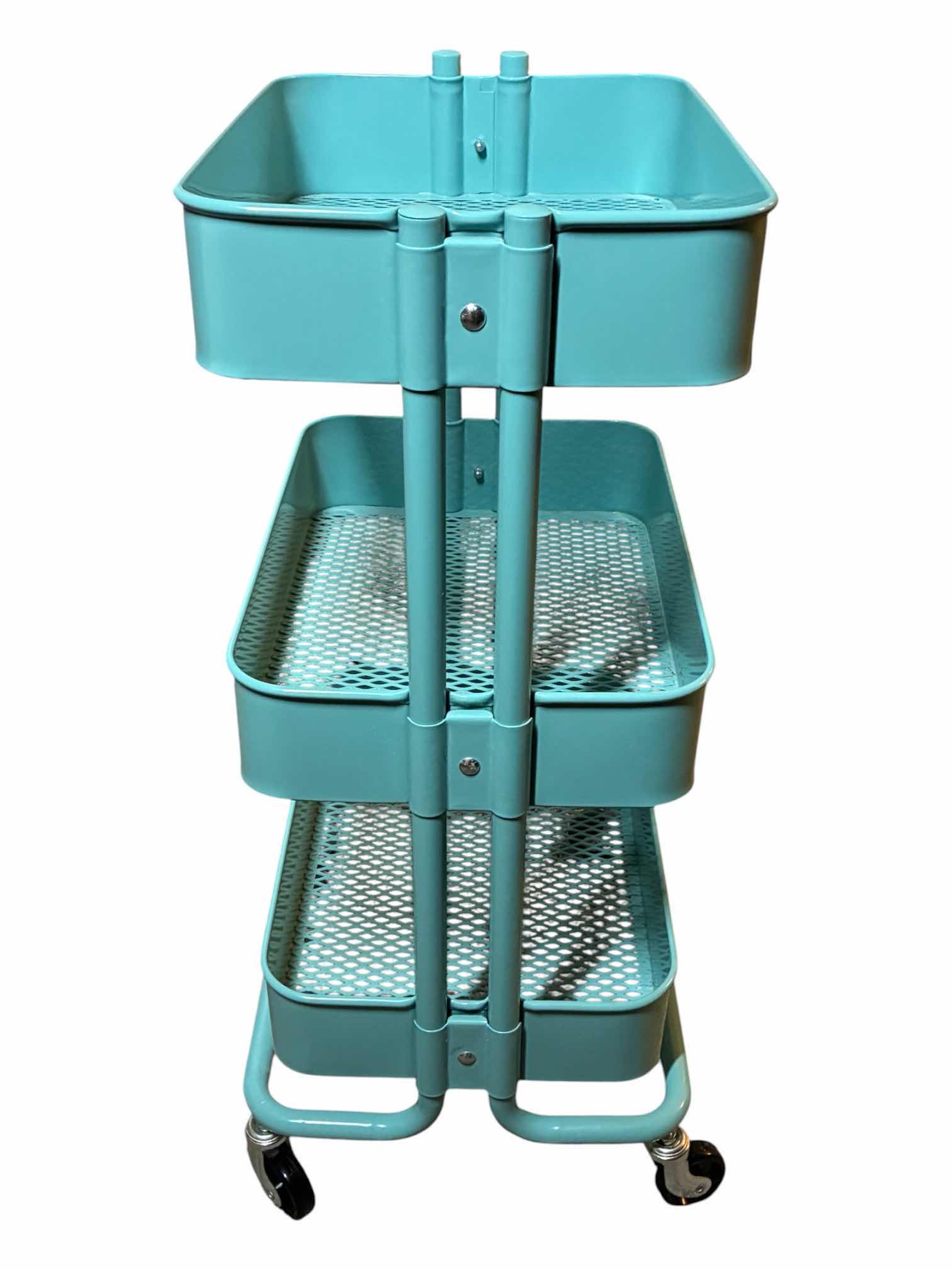 Photo 1 of 3-TIER TEAL METAL MESH ROLLING LAUNDRY RACK