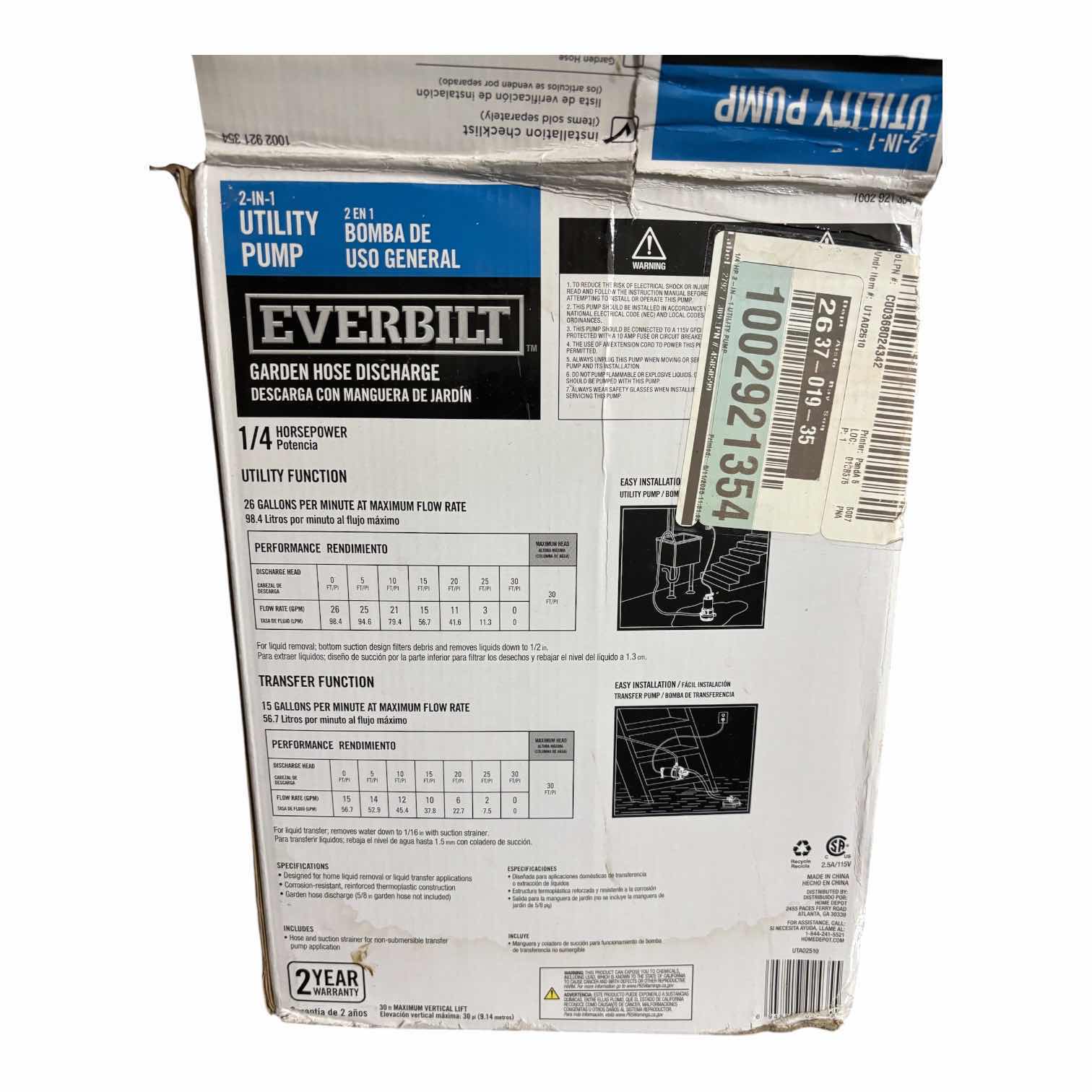 Photo 1 of EVERBILT 1/4 HP SUBMERSIBLE UTILITY AND TRANSFER PUMP IN ORIGINAL BOX