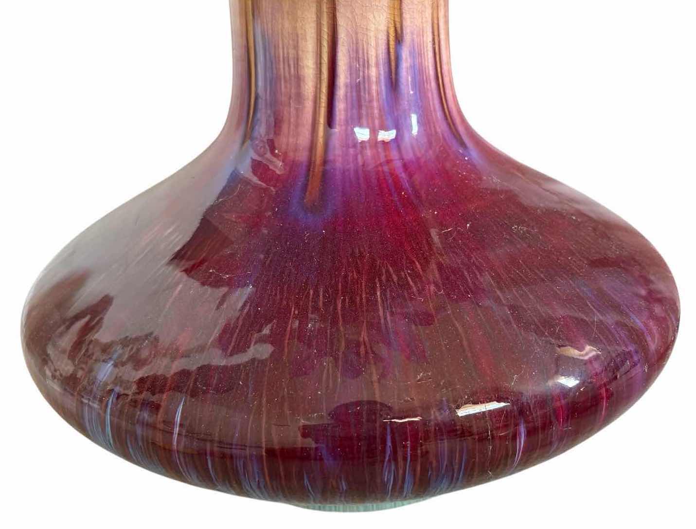 Photo 1 of CHINESE PORCELAIN PURPLE ART GLASS VASE WITH PINK POINSETTIA FLORAL ARRANGEMENT 14”X14”H14” $250