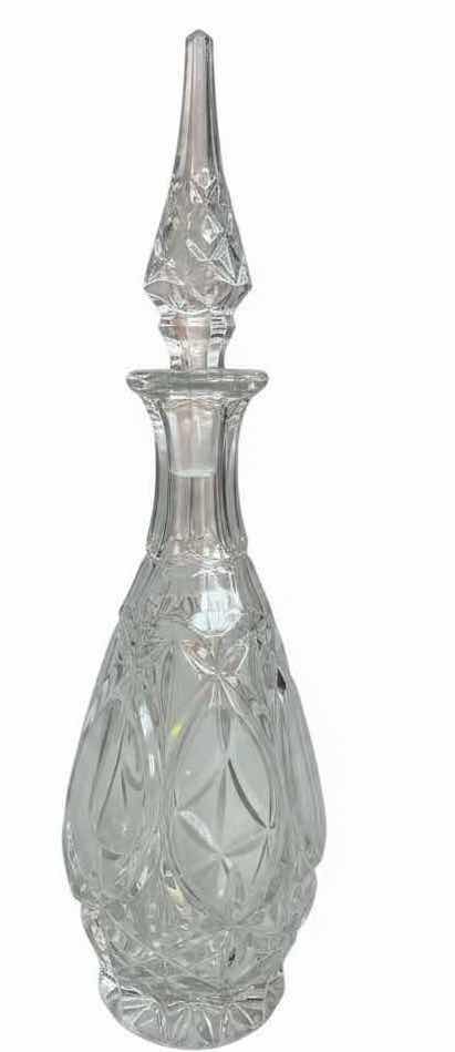 Photo 1 of VINTAGE CUT CRYSTAL DECANTER WITH FROSTED PANELS & FACETED STOPPER H16”