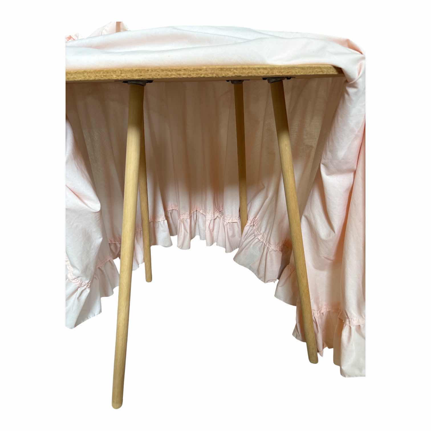 Photo 1 of PARTICLE BOARD ACCENT TABLE WITH PINK RUFFLED SKIRT & LACE TOPPER H30” D29.5” $50