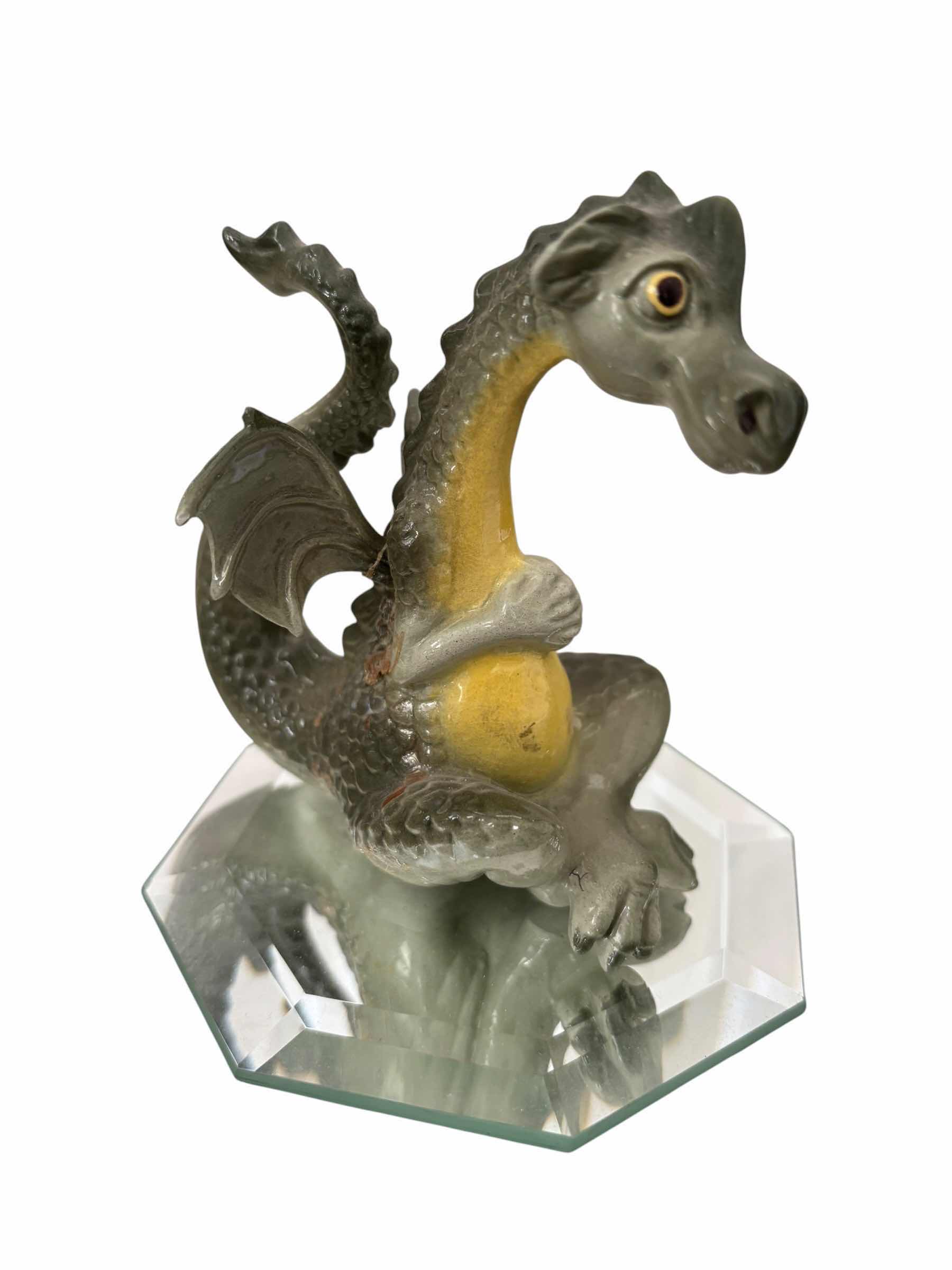 Photo 1 of DRAGON THEMED DECORATIVE ITEMS ON DETACHED GLASS PLATES, TALLEST H7”