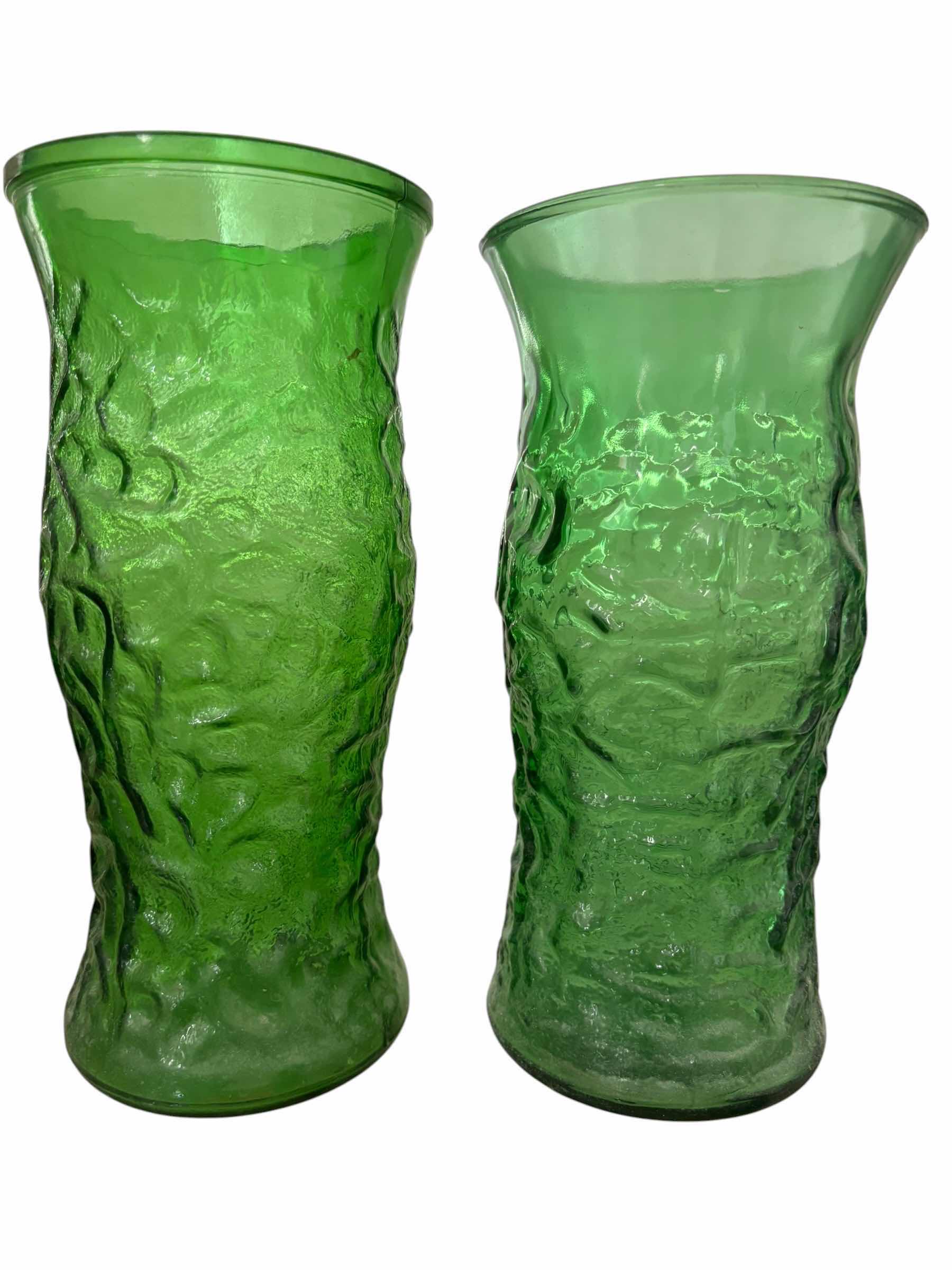 Photo 1 of GREEN GLASS VASES (2) H10” (ONE IS HOOSIER GLASS)