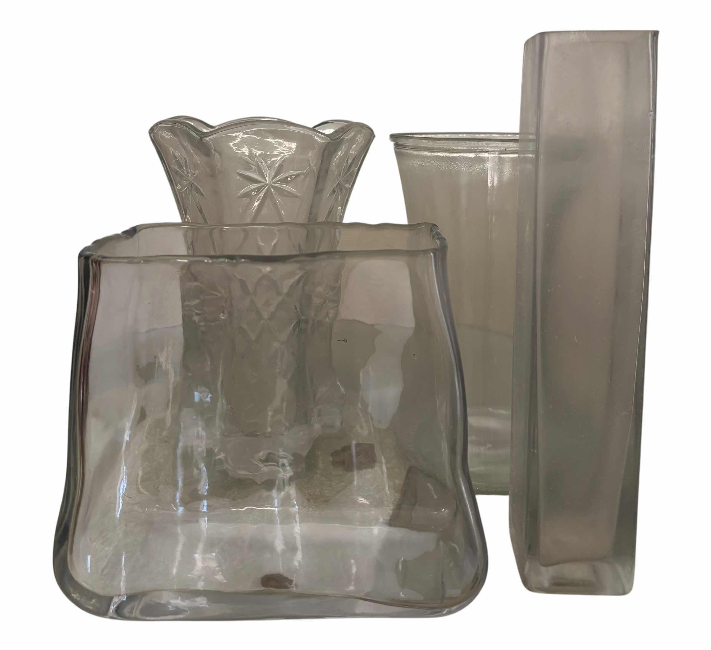 Photo 1 of CLEAR GLASS VASES (4), TALLEST H10”