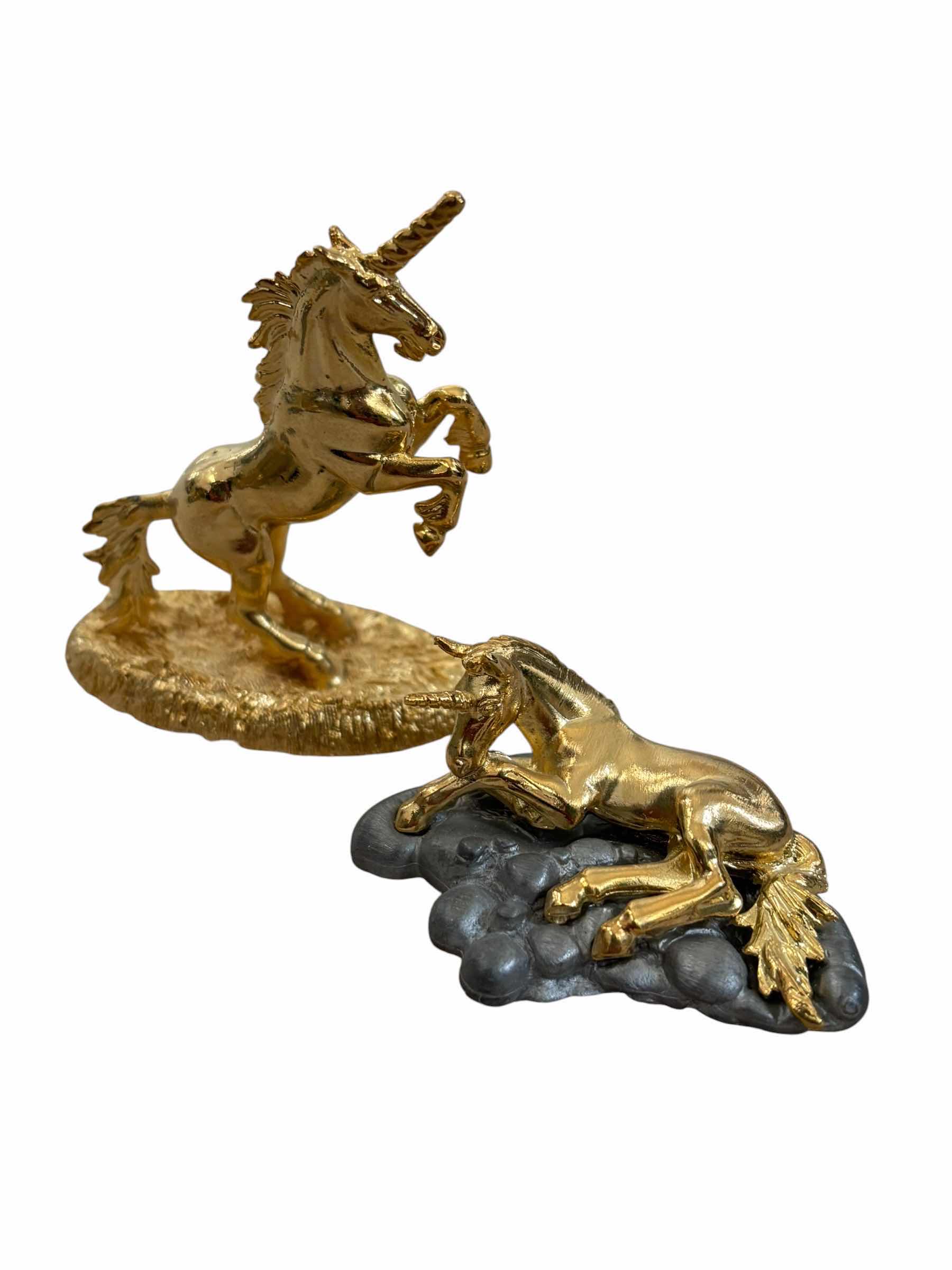 Photo 1 of VINTAGE GOLD-WASHED & GOLD PLATED UNICORN THEMED COLLECTIBLE FIGURINES (5), TALLEST H4”