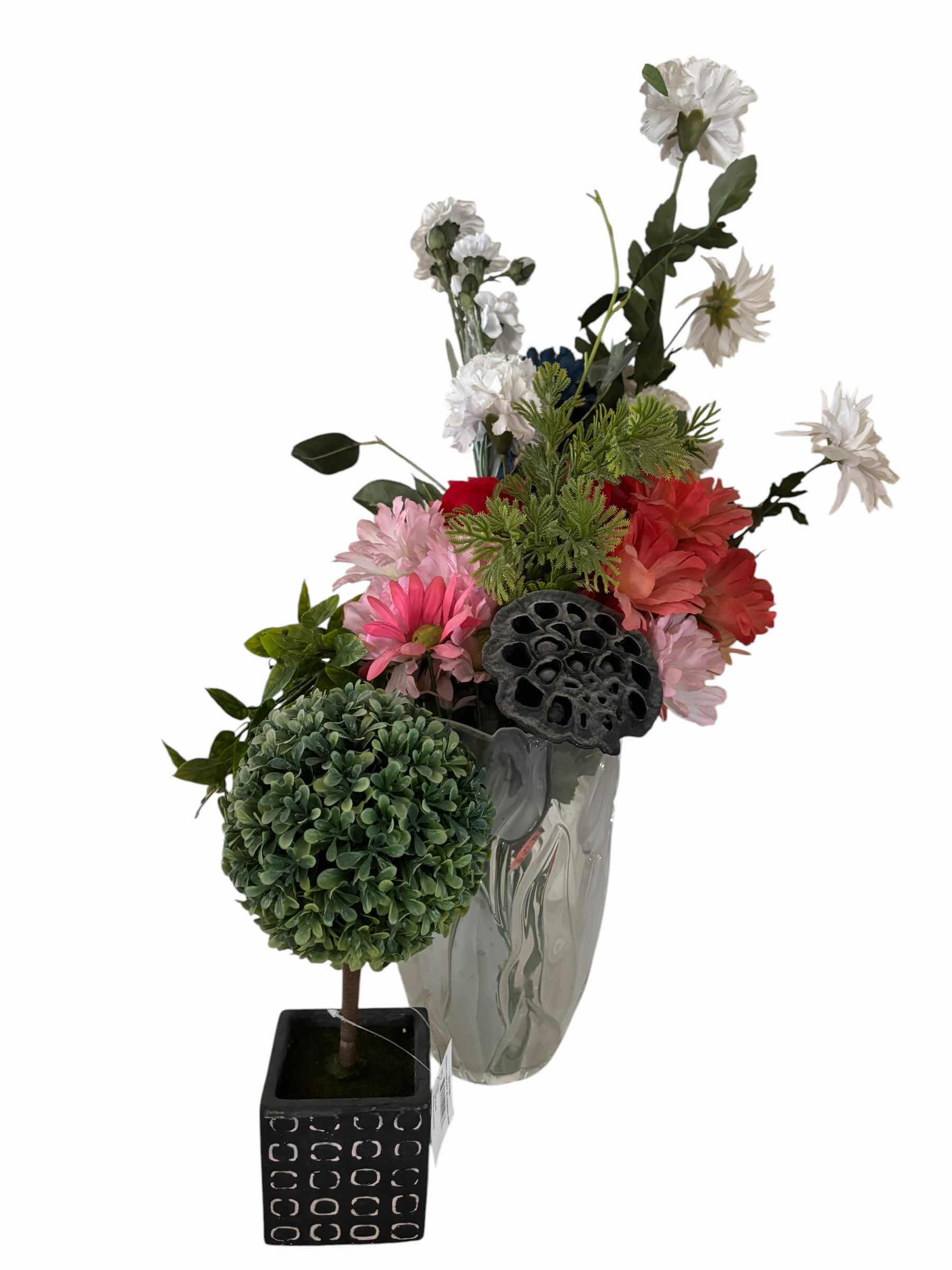 Photo 1 of ARTIFICIAL FLOWERS IN FROSTED GLASS VASE & SMALL ARTIFICIAL TOPIARY PLANT