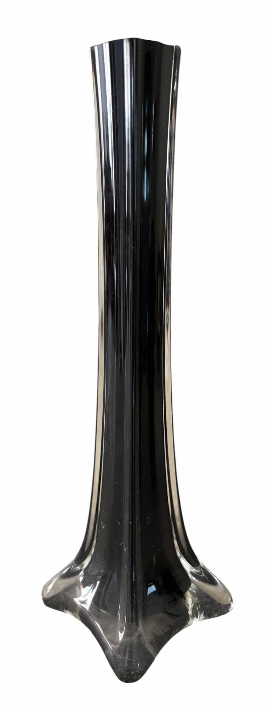 Photo 1 of VINTAGE SET OF HAND BLOWN BLACK AMETHYST GLASS VASES (2) H9”