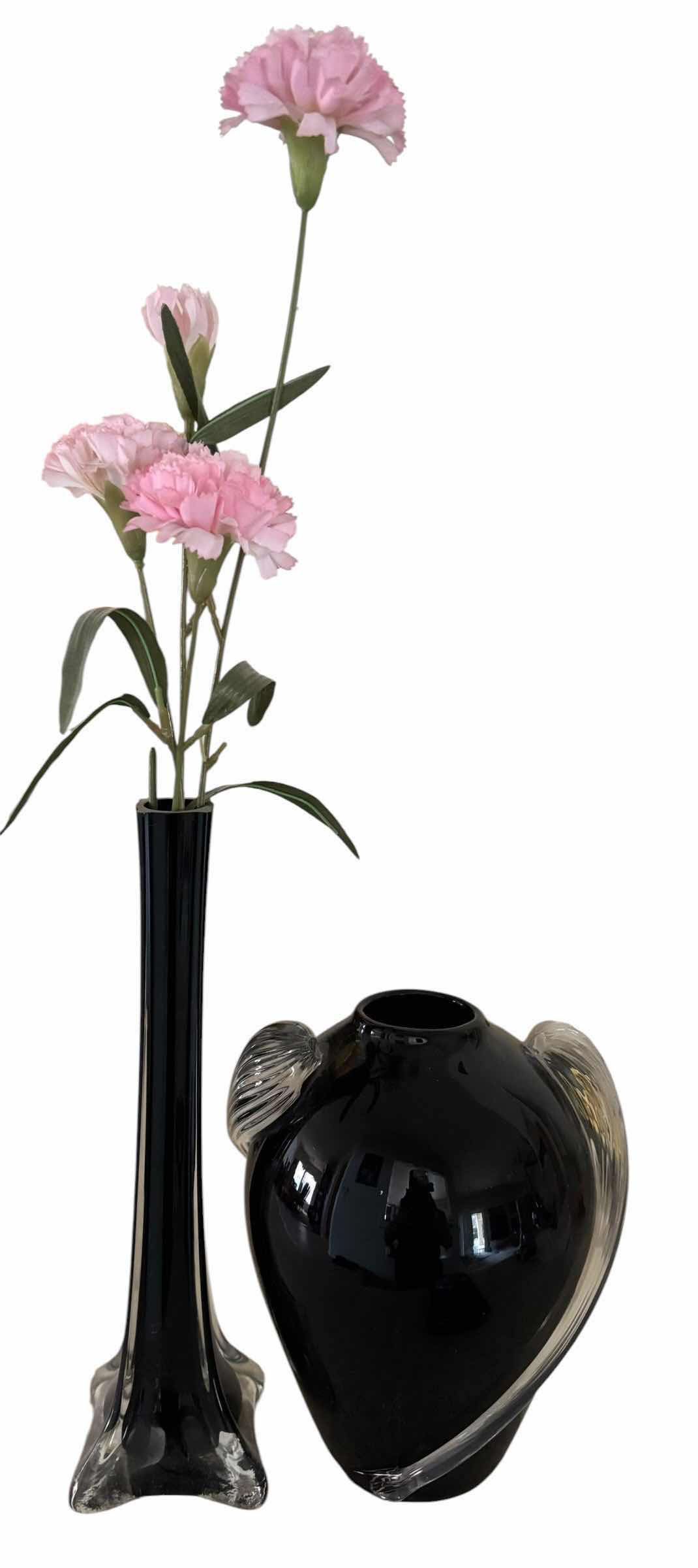Photo 1 of VINTAGE SET OF HAND BLOWN BLACK AMETHYST GLASS VASES (2) H9”