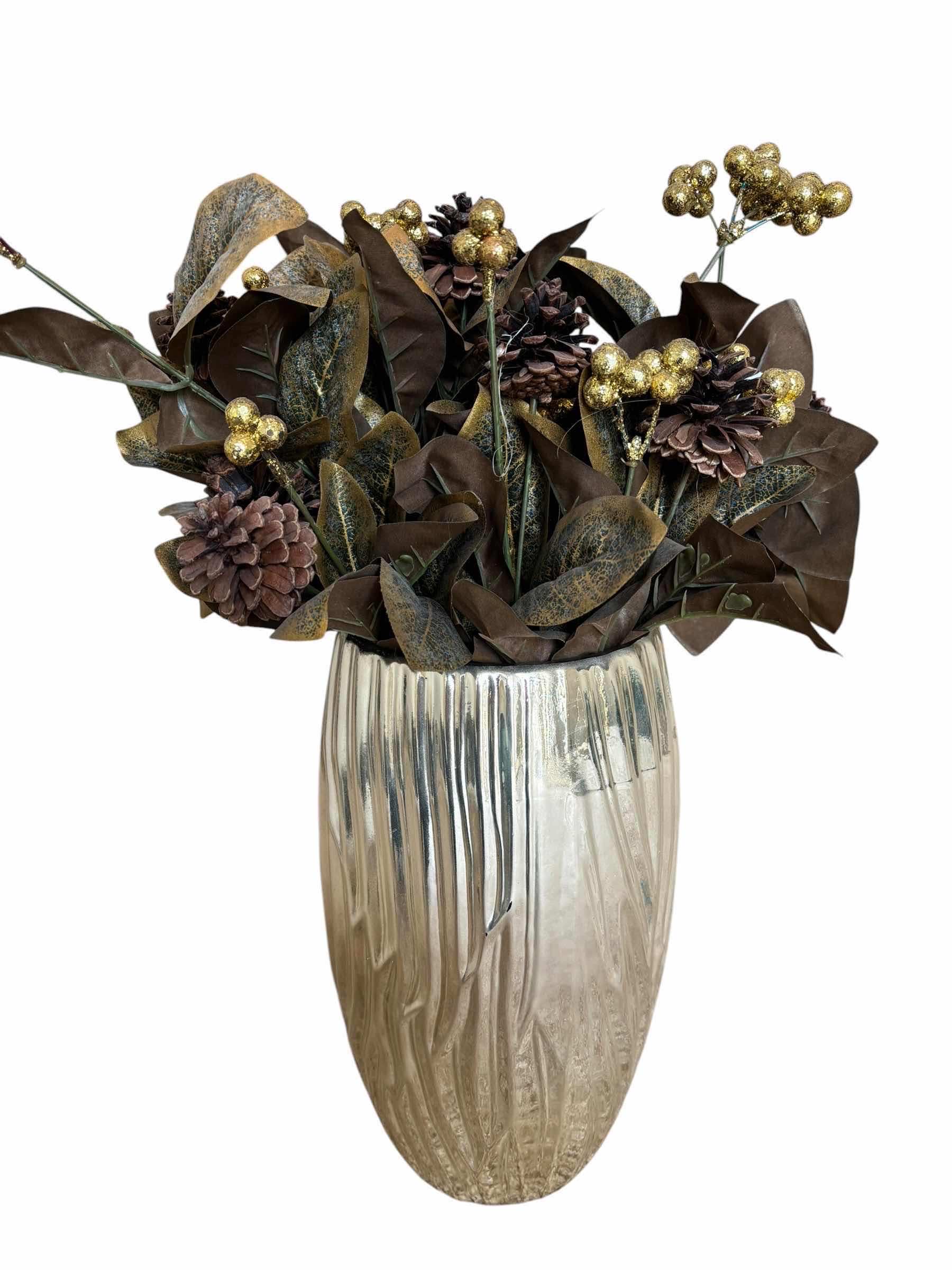 Photo 1 of GOLD TONE VASE WITH ARTIFICIAL FLOWERS H19”