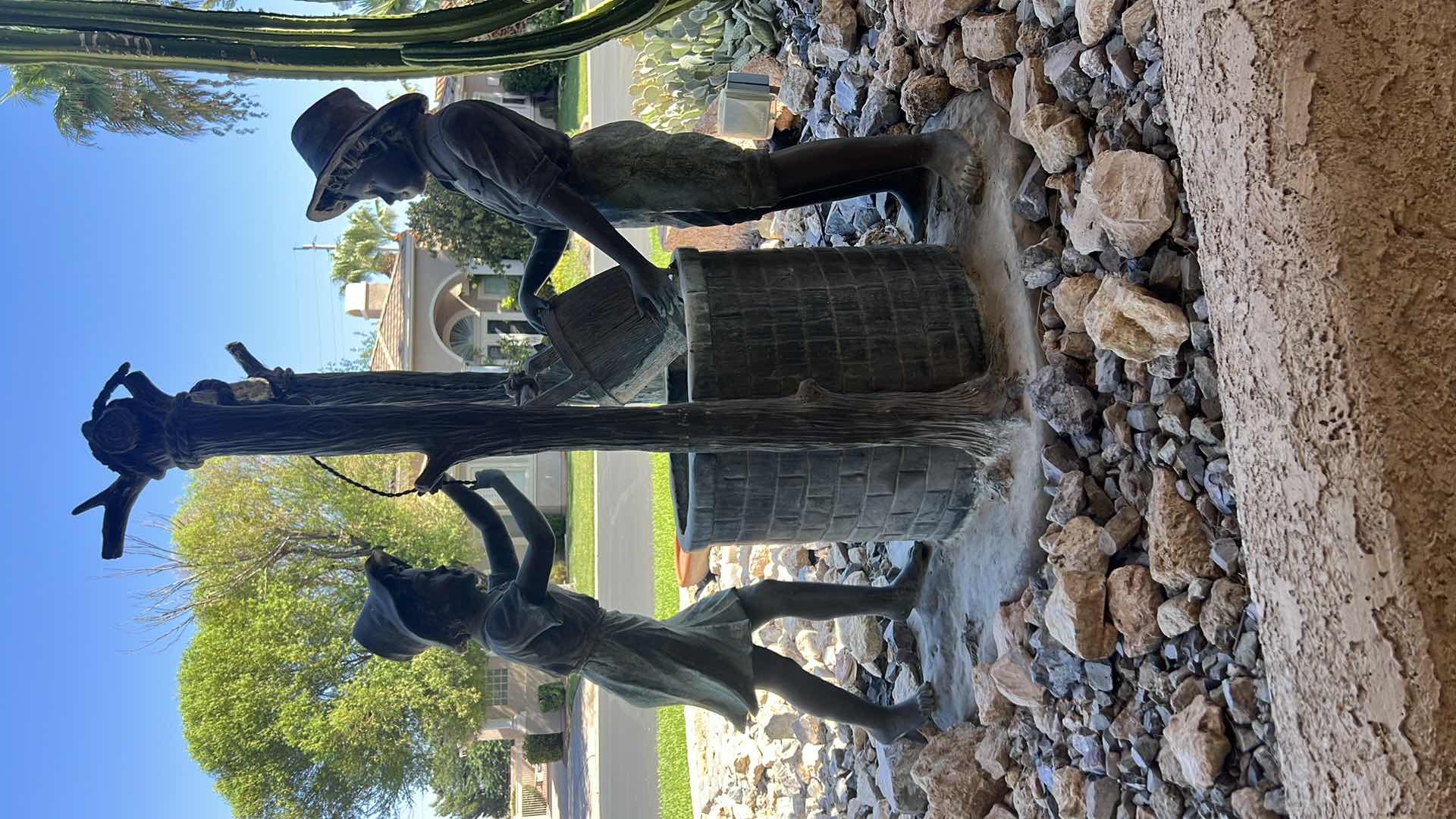 Photo 4 of METAL GARDEN WATER SCULPTURE "BOY & GIRL AT WISHING WELL" (VERY HEAVY)   W43" H55"