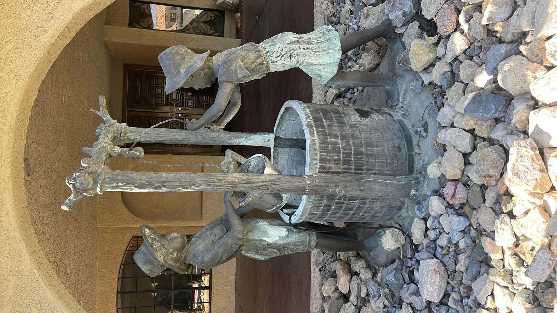 Photo 1 of METAL GARDEN WATER SCULPTURE "BOY & GIRL AT WISHING WELL" (VERY HEAVY)   W43" H55"