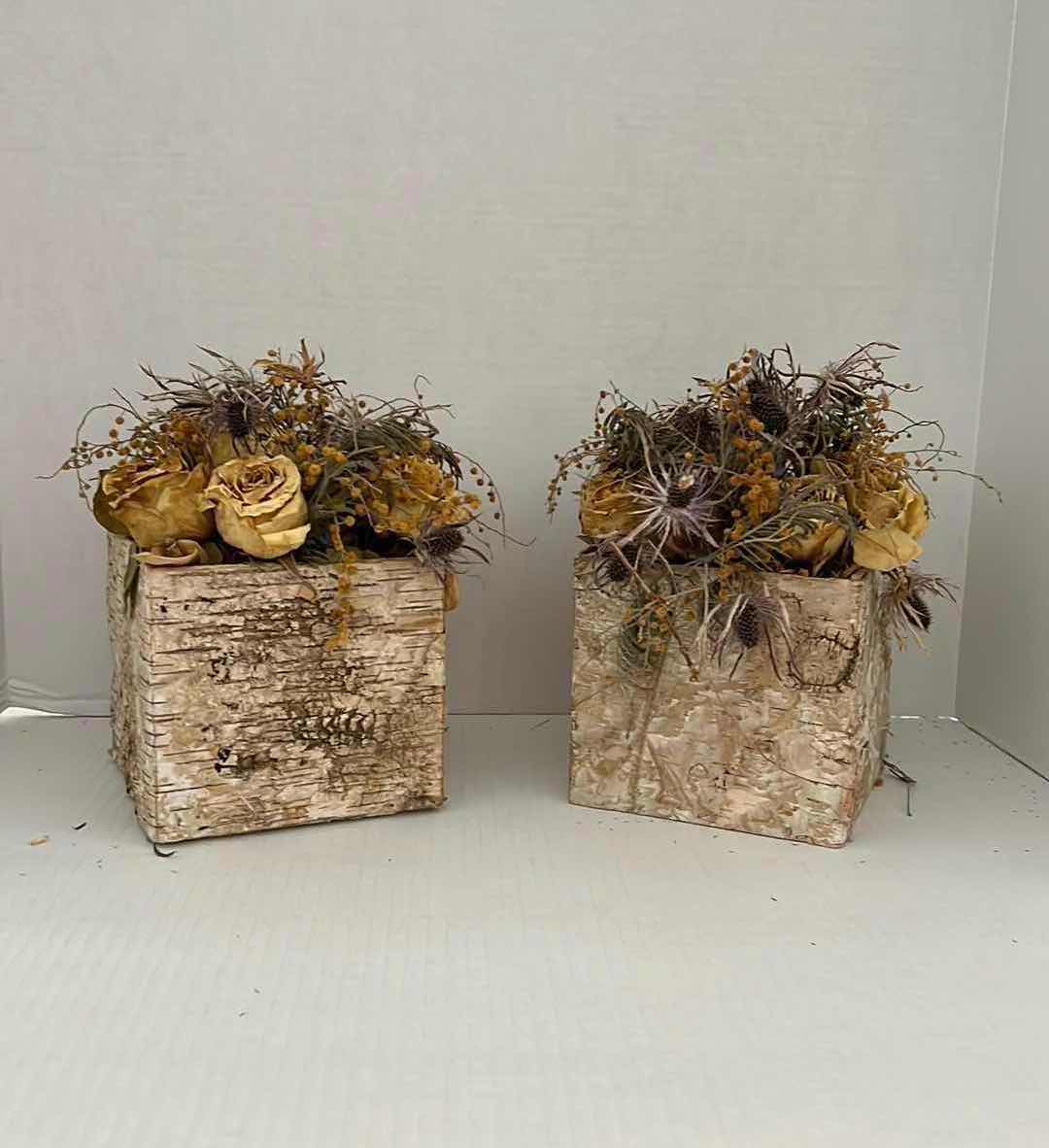 Photo 1 of 6” BIRCH WOODEN PLANTER WITH DRIED FLOWERS. SET OF 2.