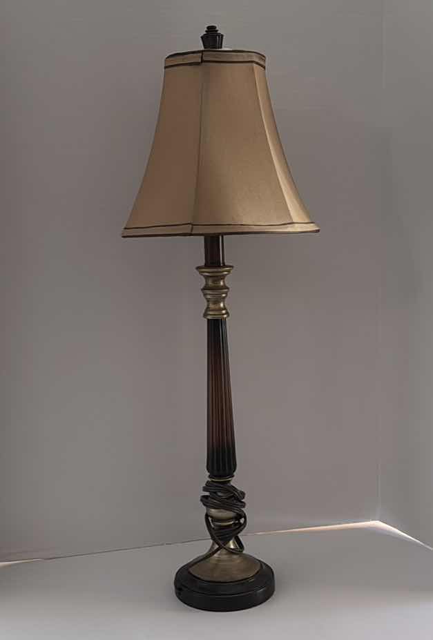 Photo 1 of BRASS TABLE LAMP W. TULIP SILK SHADE  H29” 