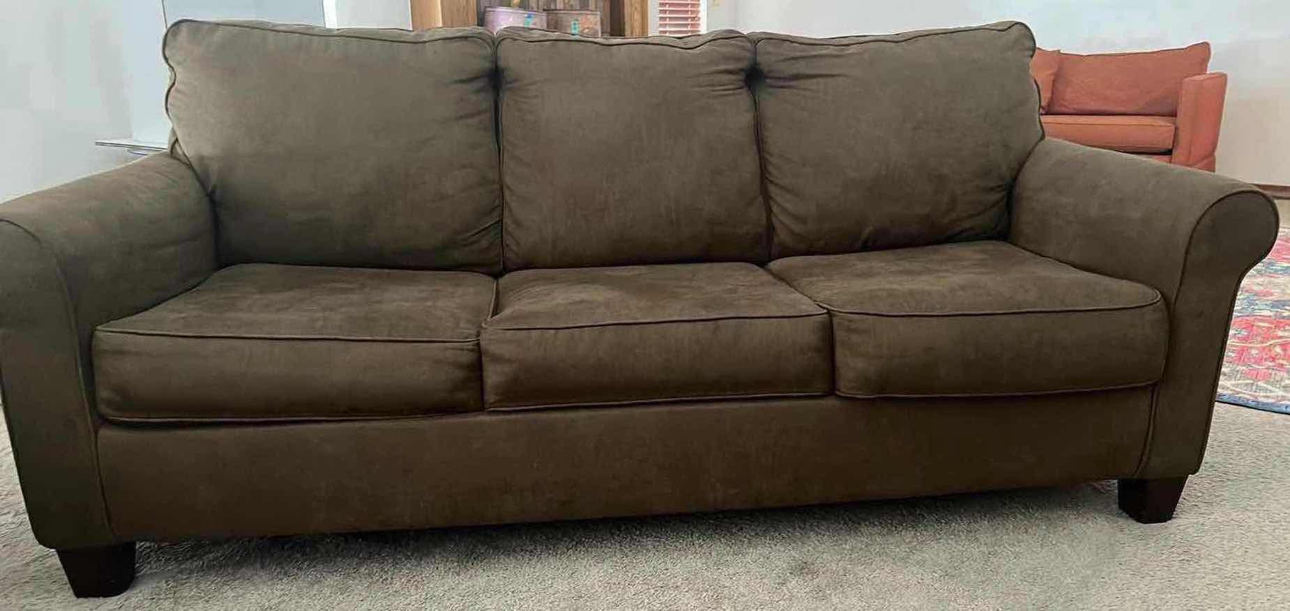 Photo 1 of 6’ DARK BROWN UPHOLSTERED SLEEPER SOFA.