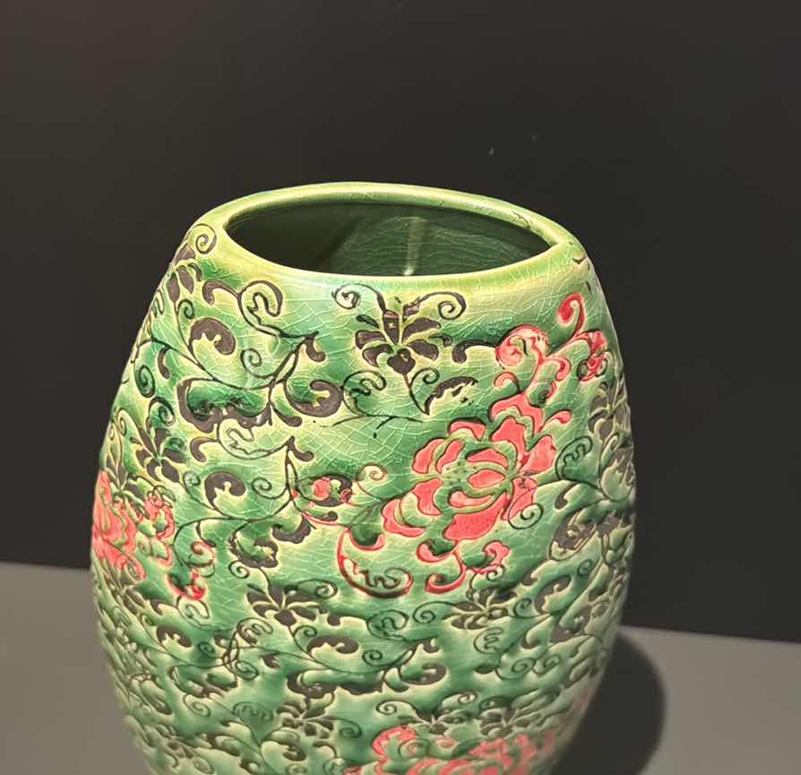 Photo 2 of PORCELAIN "LIME GREEN & ORANGE" VASE H15” 