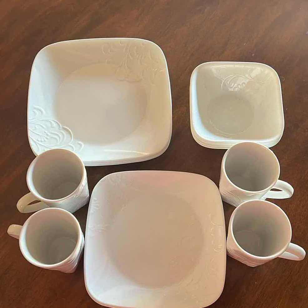 Photo 1 of 15 PCS-CORELLE CORNING WHITE "BOUTIQUE CHERISH" DISHES  (4 DINNER PLATES. 4 COFFEE MUGS. 4 BOWLS. 3 SALAD PLATES)