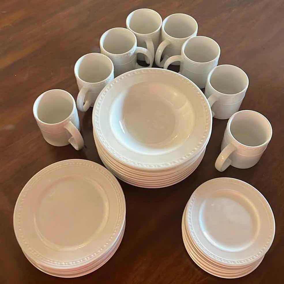 Photo 1 of 32 PCS-WHITE ONEIDA STONEWARE DINNER SET (8 SHALLOW BOWLS, 8 SAUCERS, 8 COFFEE MUGS, 8 SALAD PLATES)