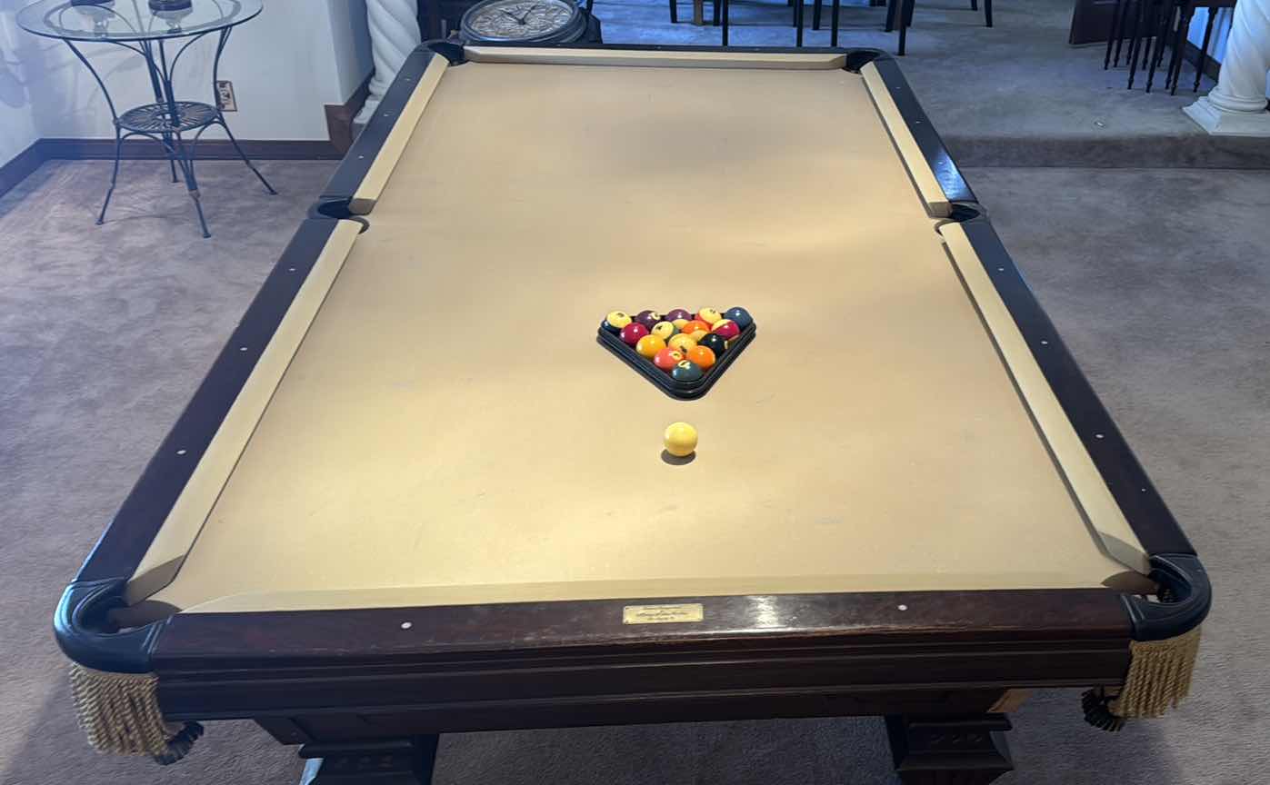 Photo 1 of CUSTOM MADE 8' SLAB POOL TABLE BY MURREY & SONS CO. INC  (INCLUDES BILLIARD BALLS & PROTECTIVE COVER)