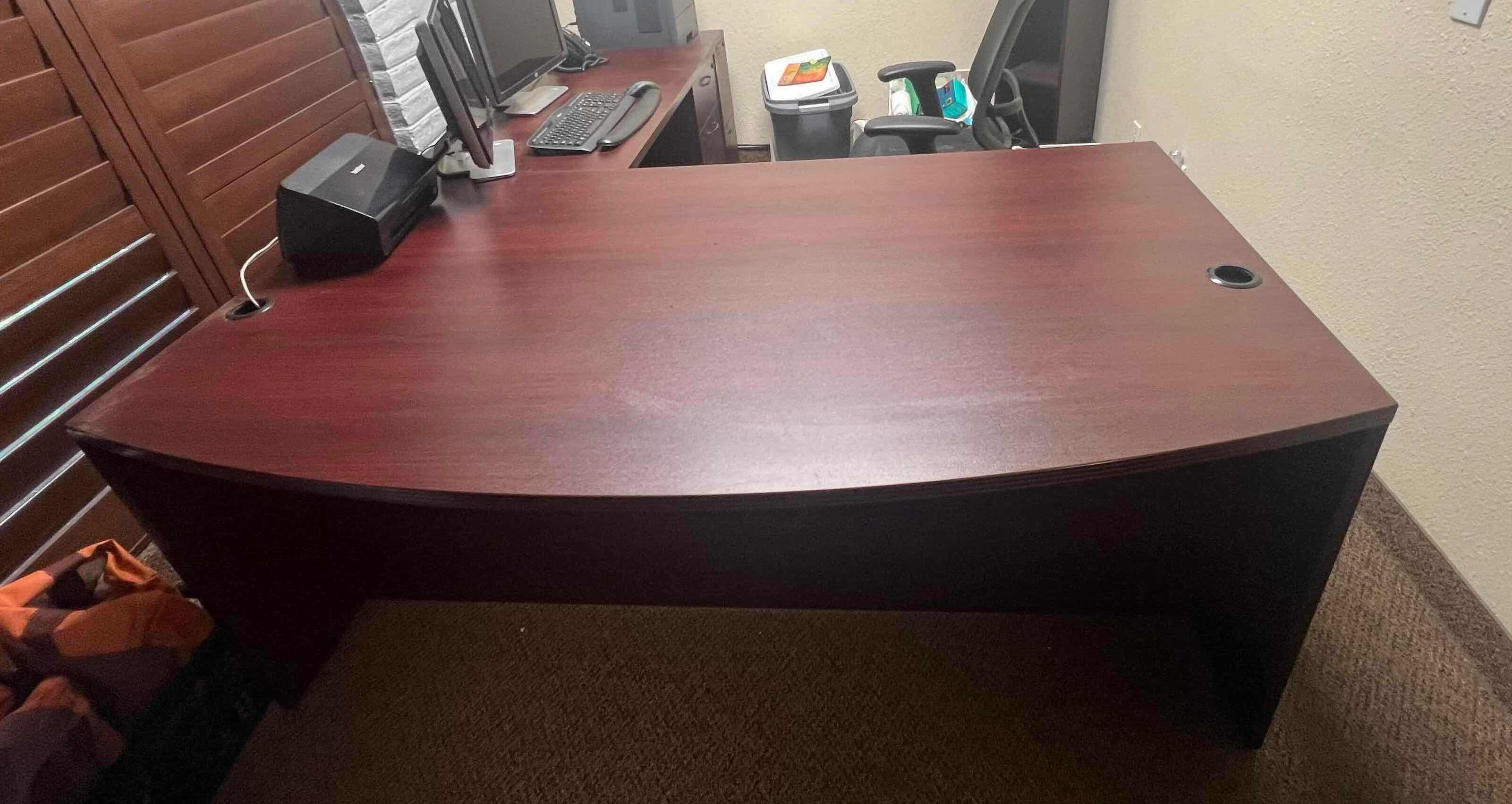 Photo 3 of CHERRY BOWFRONT W DRAWERS EXECUTIVE OFFICE DESK  71" x 88" H39" (CHAIR NOT INCLUDED)