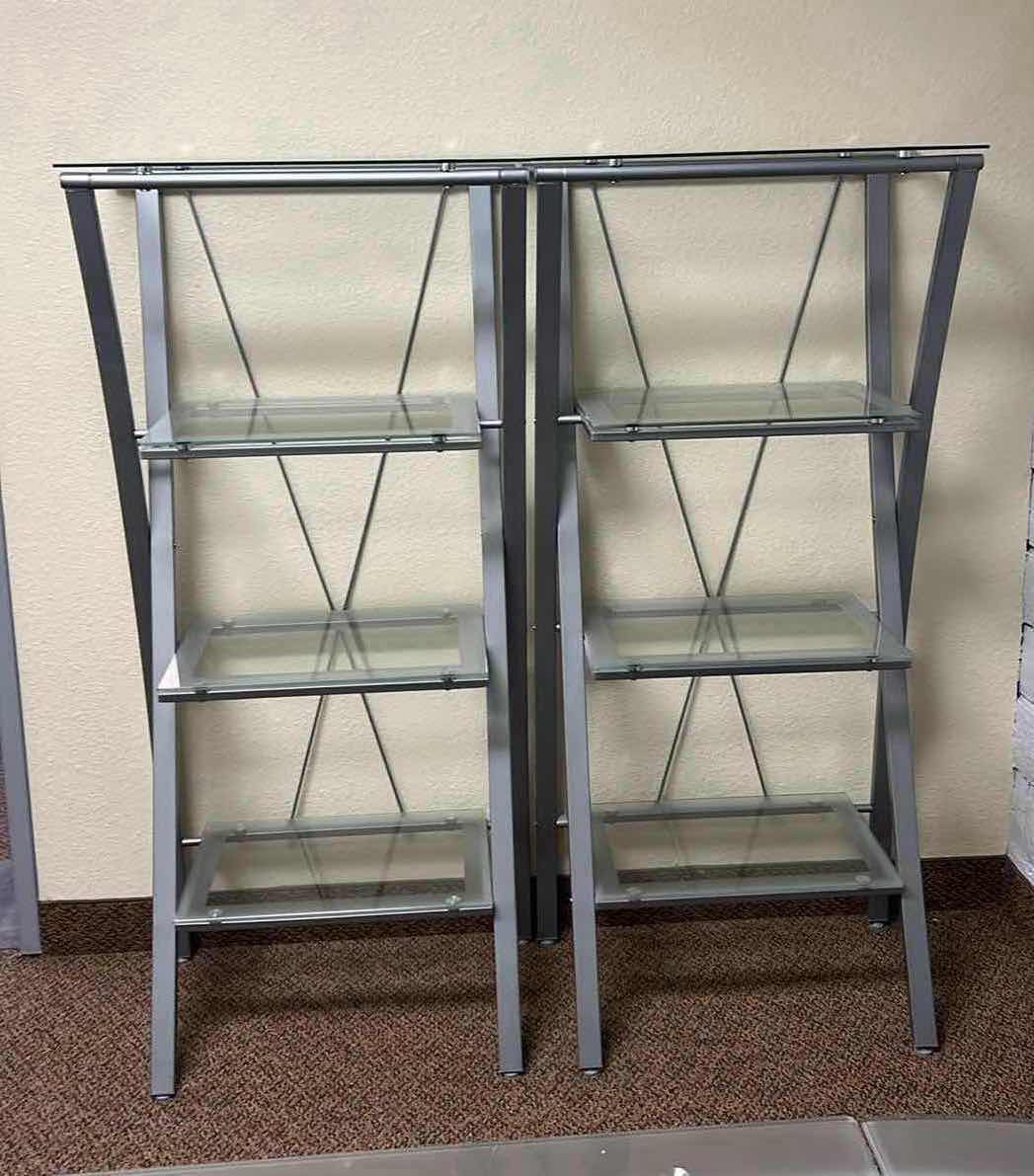 Photo 1 of 2PCS- SILVER METAL W GLASS BOOKSHELVES 55" x 16" H50"