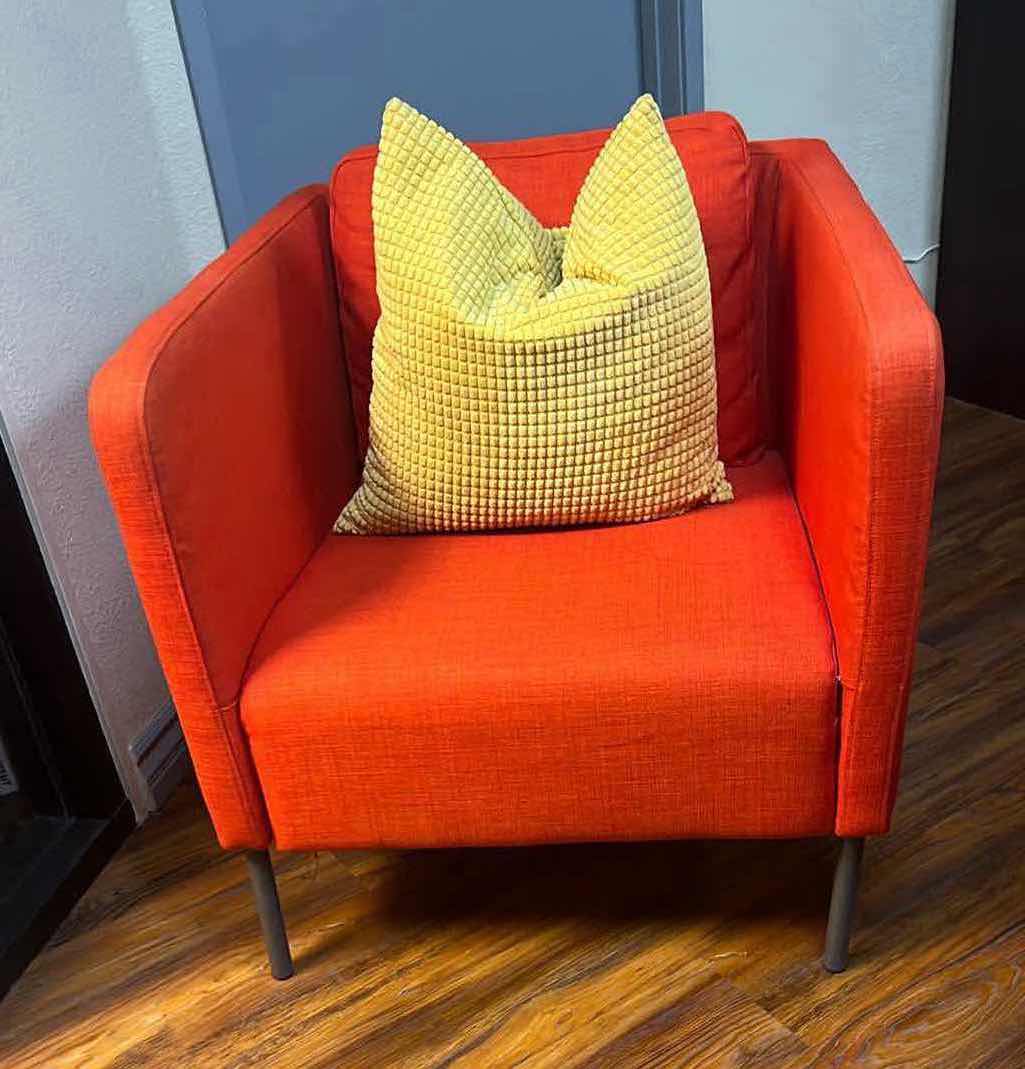 Photo 1 of IKEA EKERO ORANGE LINEN ARM CHAIR W YELLOW PILLOW