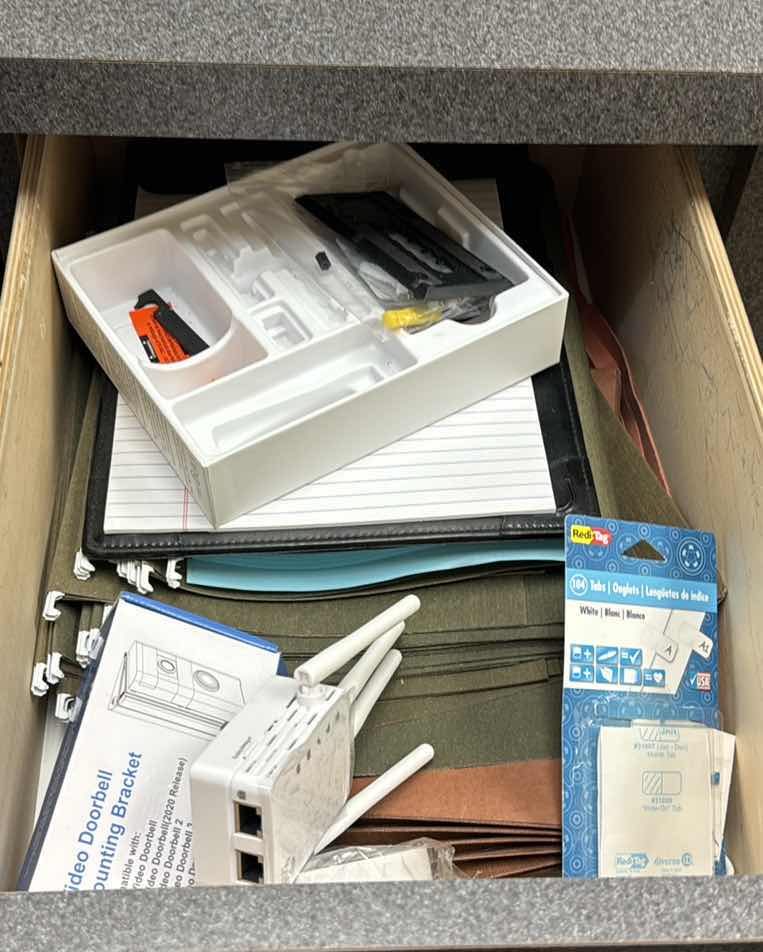 Photo 1 of OFFICE SUPPLIES CONTENTS OF DRAWER. HANGING FILE FOLDERS, BRACKETS, MISC.