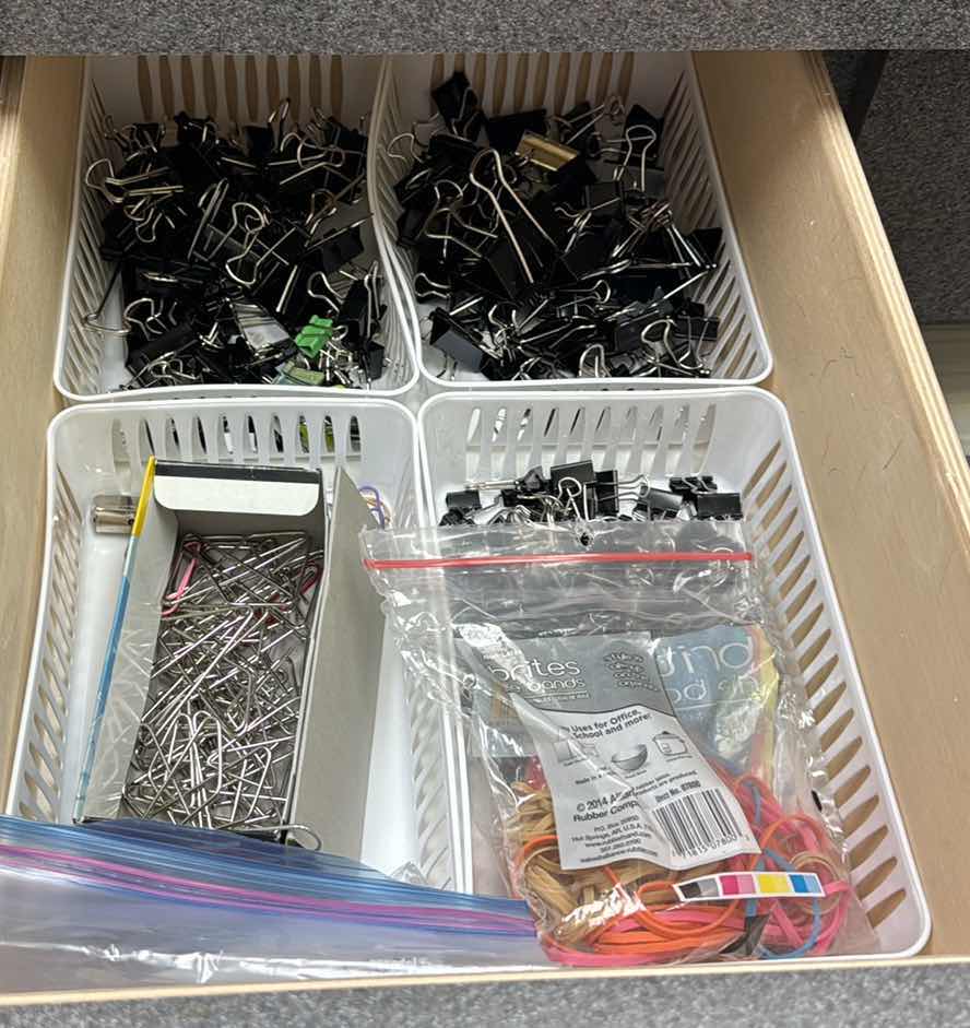 Photo 1 of OFFICE SUPPLIES. CONTENTS OF CABINET. RUBBER BANDS AND PAPER CLIPS.