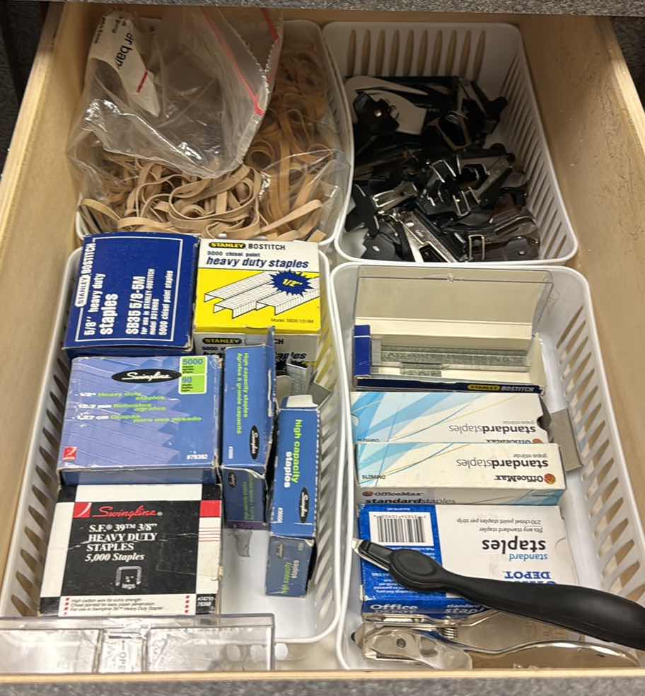 Photo 1 of OFFICE SUPLIES. CONTENTS OF DRAWER. STAPLES, RUBBER BANDS STAPLE REMOVERS, MISC.