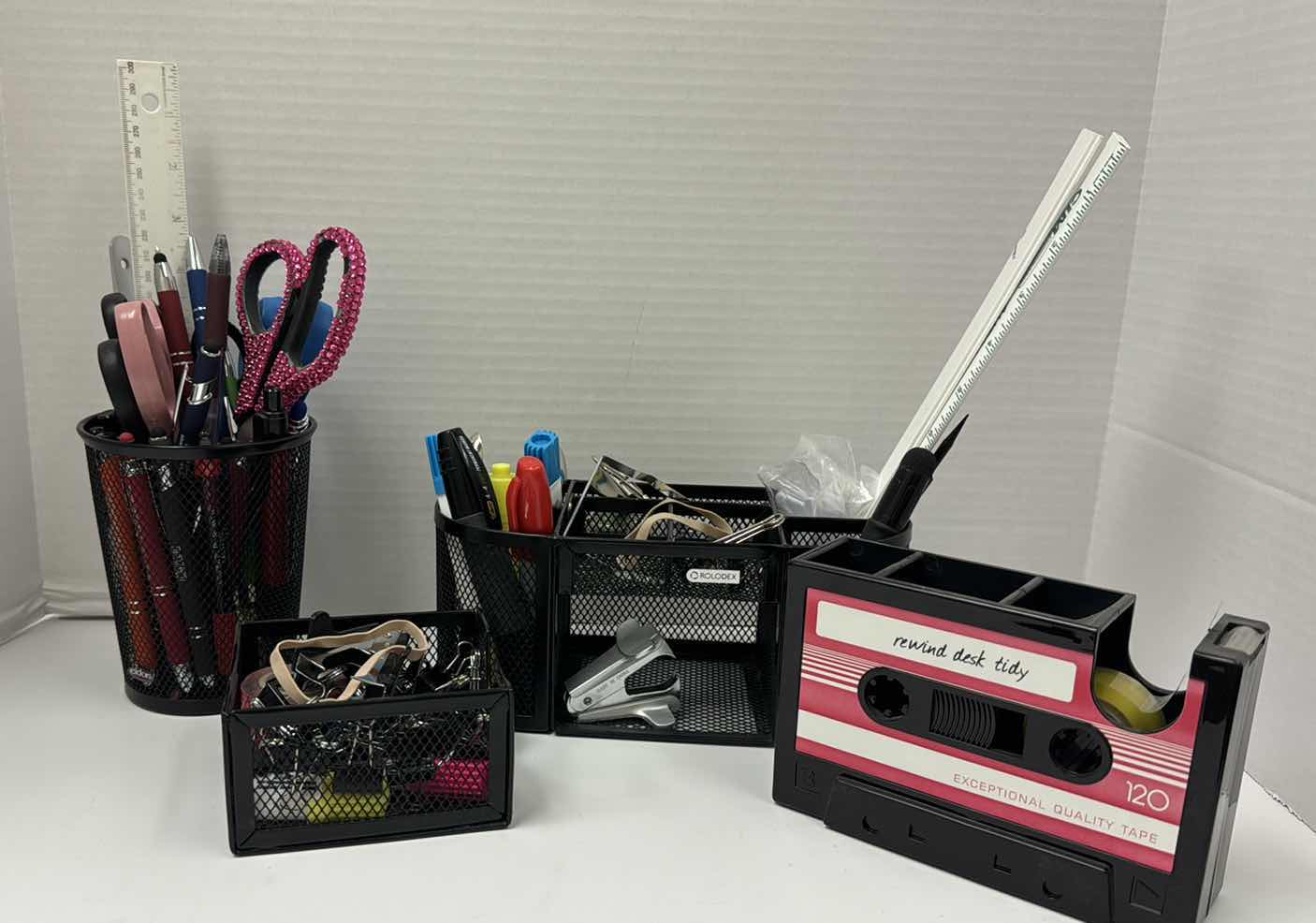 Photo 1 of OFFICE SUPPLIES :
TAPE DISPENSER, SCISSORS, HOLE PUNCH, BINDER CLIPS, DESK CONTAINERS