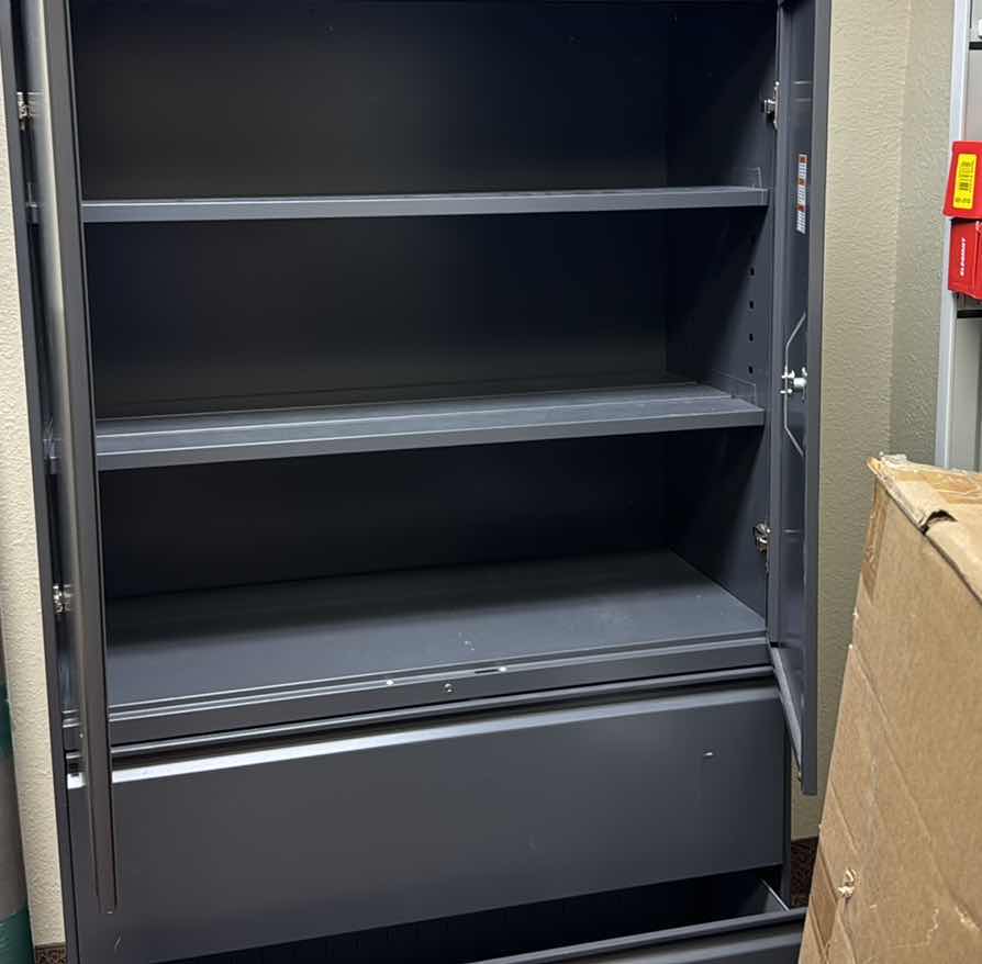 Photo 2 of GREY METAL STORAGE CABINET W  LATERAL FILE  DRAWERS 42” X 67”