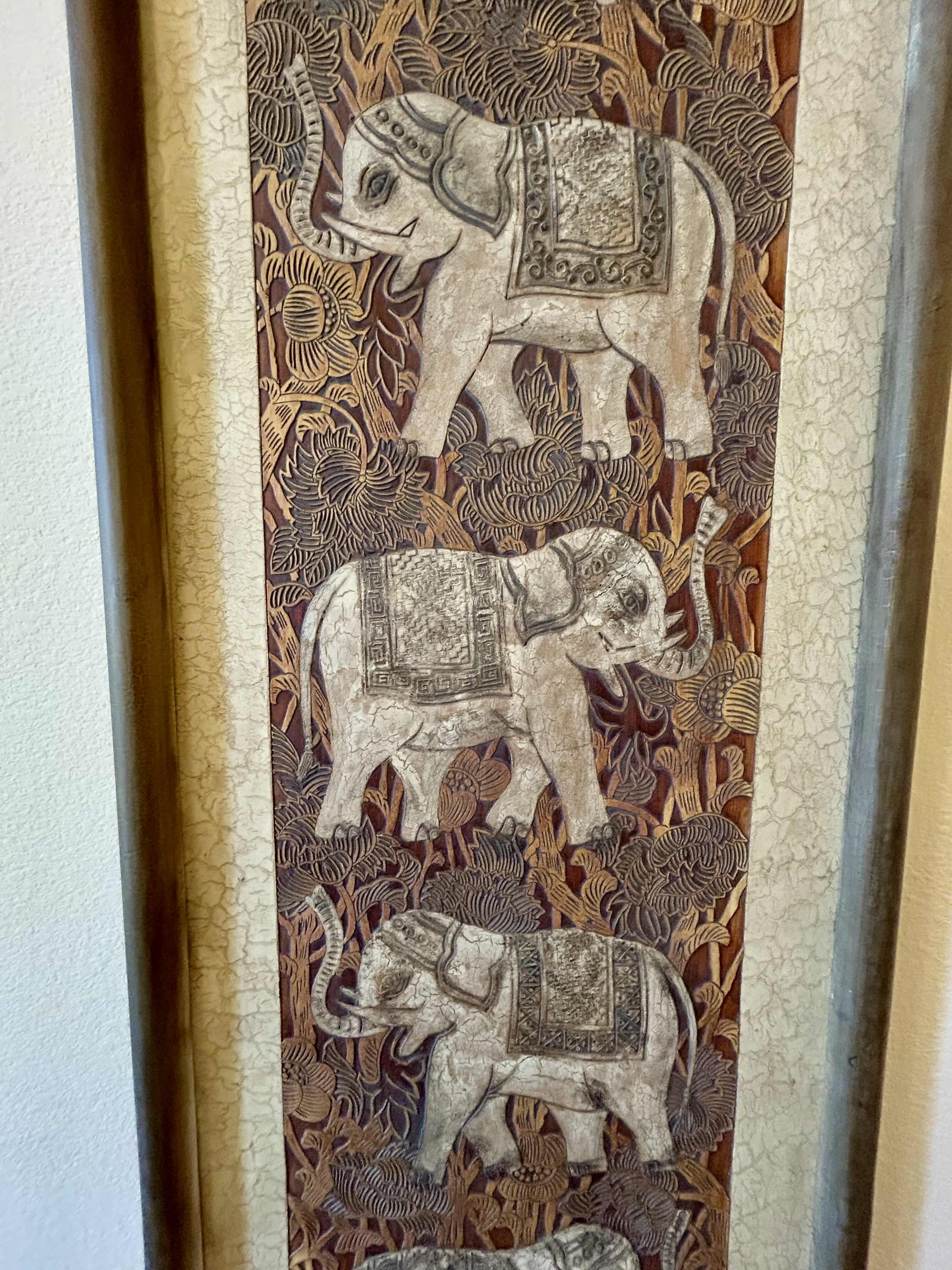 Photo 2 of CARVED INDIAN ELEPHANTS WOOD FRAMED 17” X 60”