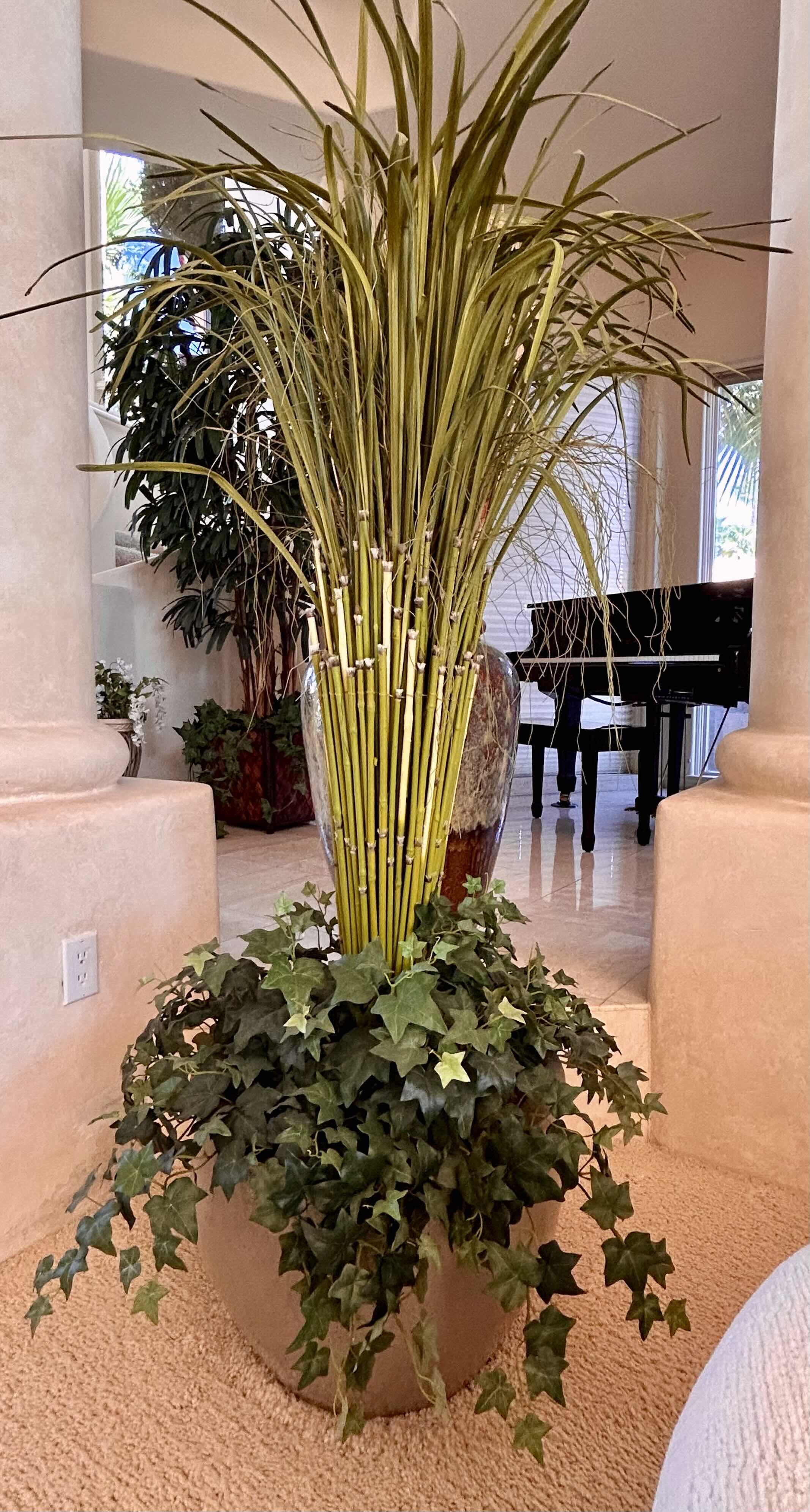 Photo 1 of FAUX BAMBOO IN HEAVY GLAZED POT WITH FAUX ENGLISH IVY FILLER 69” H