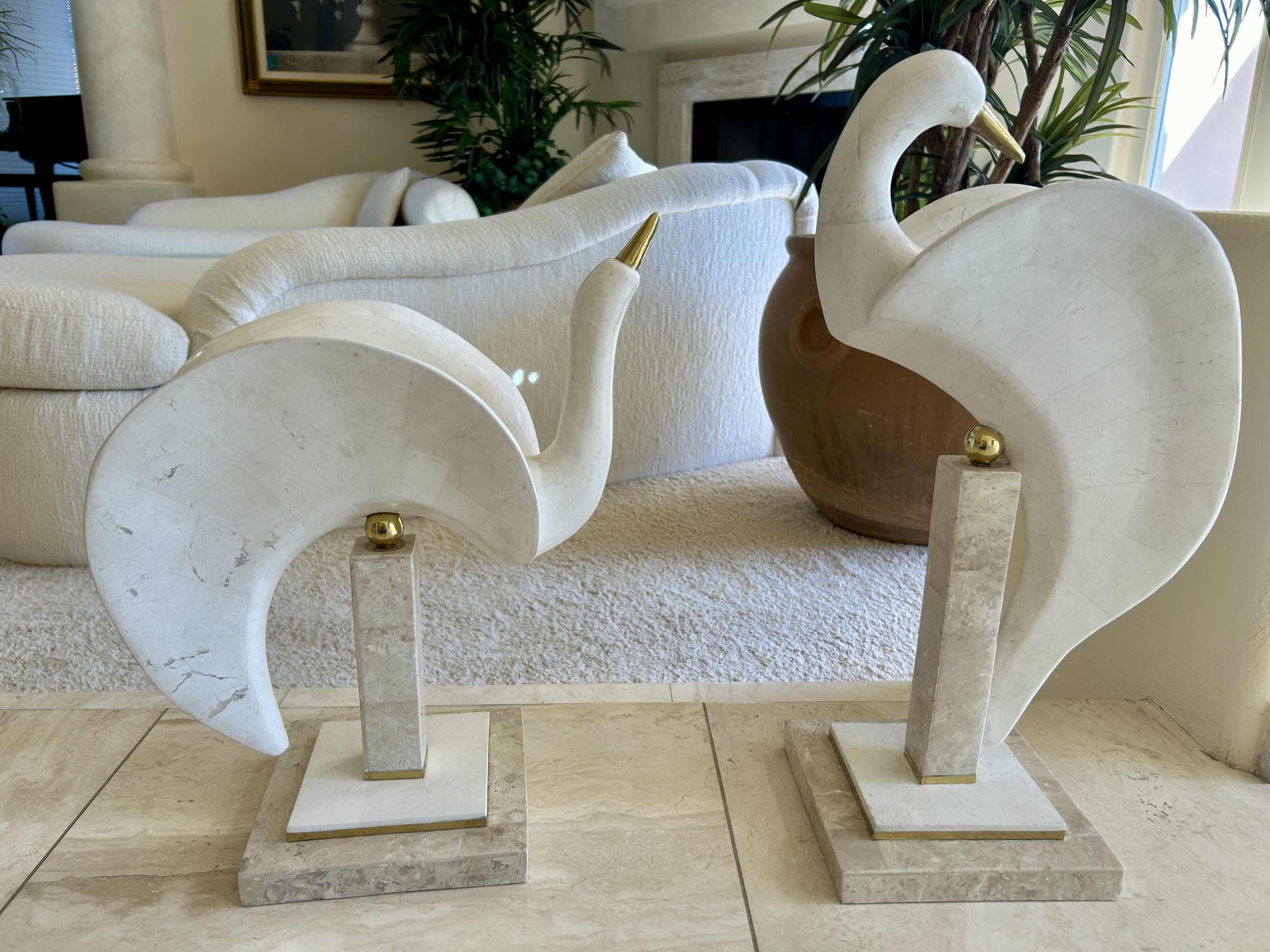 Photo 1 of 1980s NATURAL TESSELLATED STONE & BRASS HANDMADE EGRET SWAN BIRD SCULPTURES MAITLAND SMITH ATTRIBUTE A PAIR