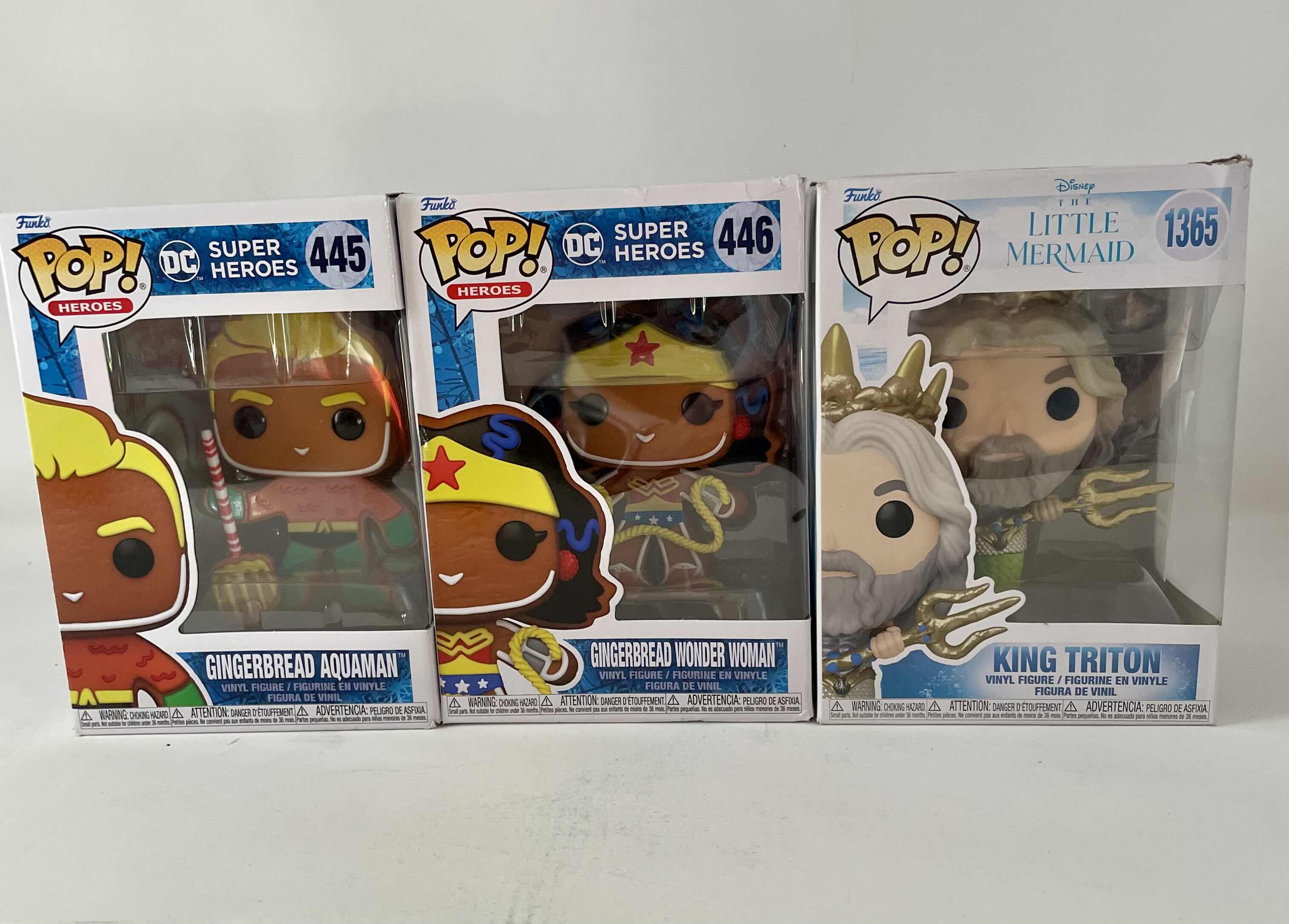 Photo 1 of BRAND NEW SET OF 3 FUNKO POP COLLECTIBLES! GINGERBREAD AQUAMAN #445, GINGERBREAD WONDER WOMAN #446, KING TRITON #1365