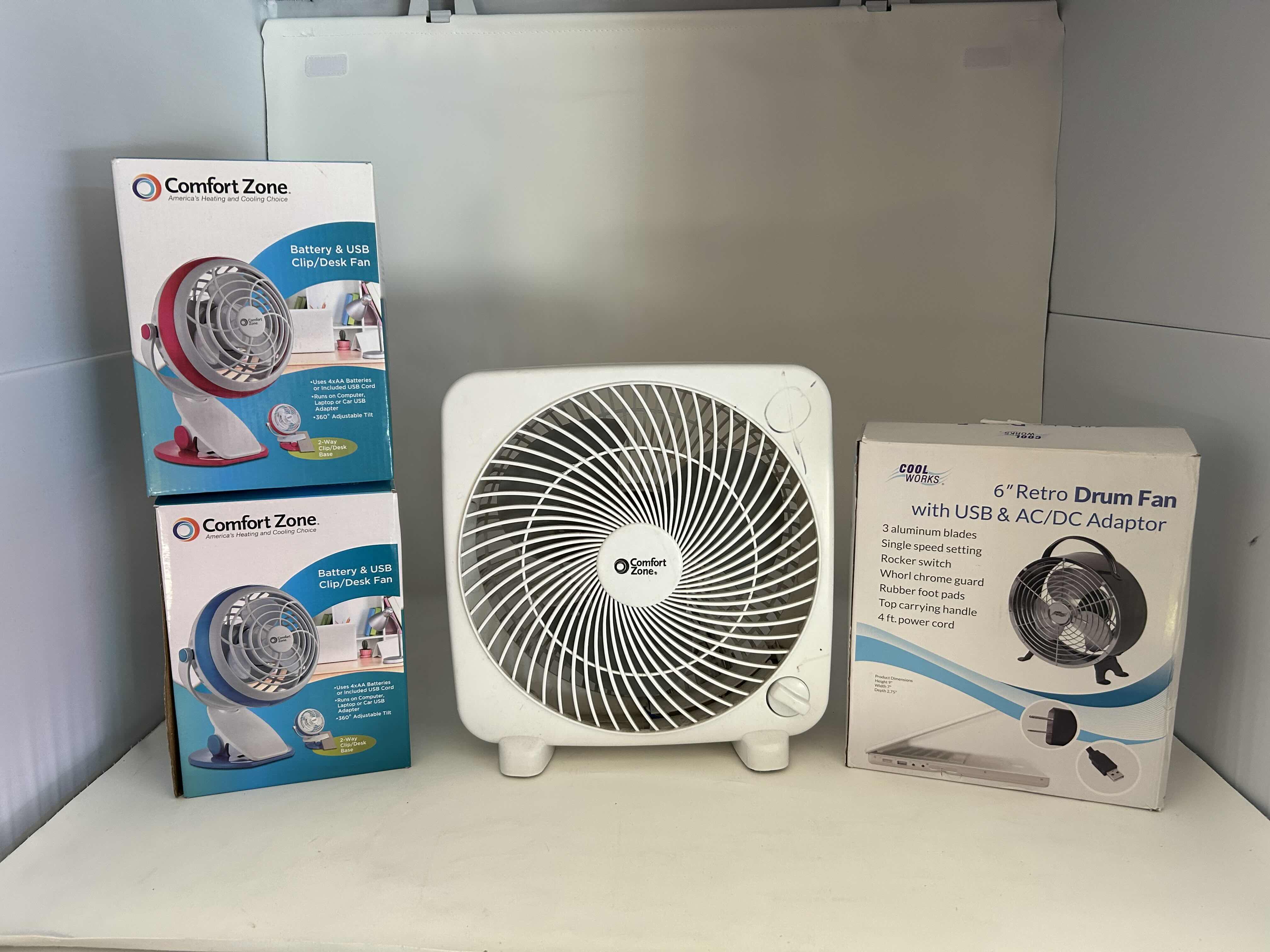 Photo 1 of SET OF 4 FANS 2- BRAND NEW 6” RETRO DRUM FAN WITH USB & AC/DC ADAPTOR, 2-COMFORT ZONE BATTERY & USB CLIP/DESK FAN PINK & BLUE, COMFORT ZONE 9” DESK FAN