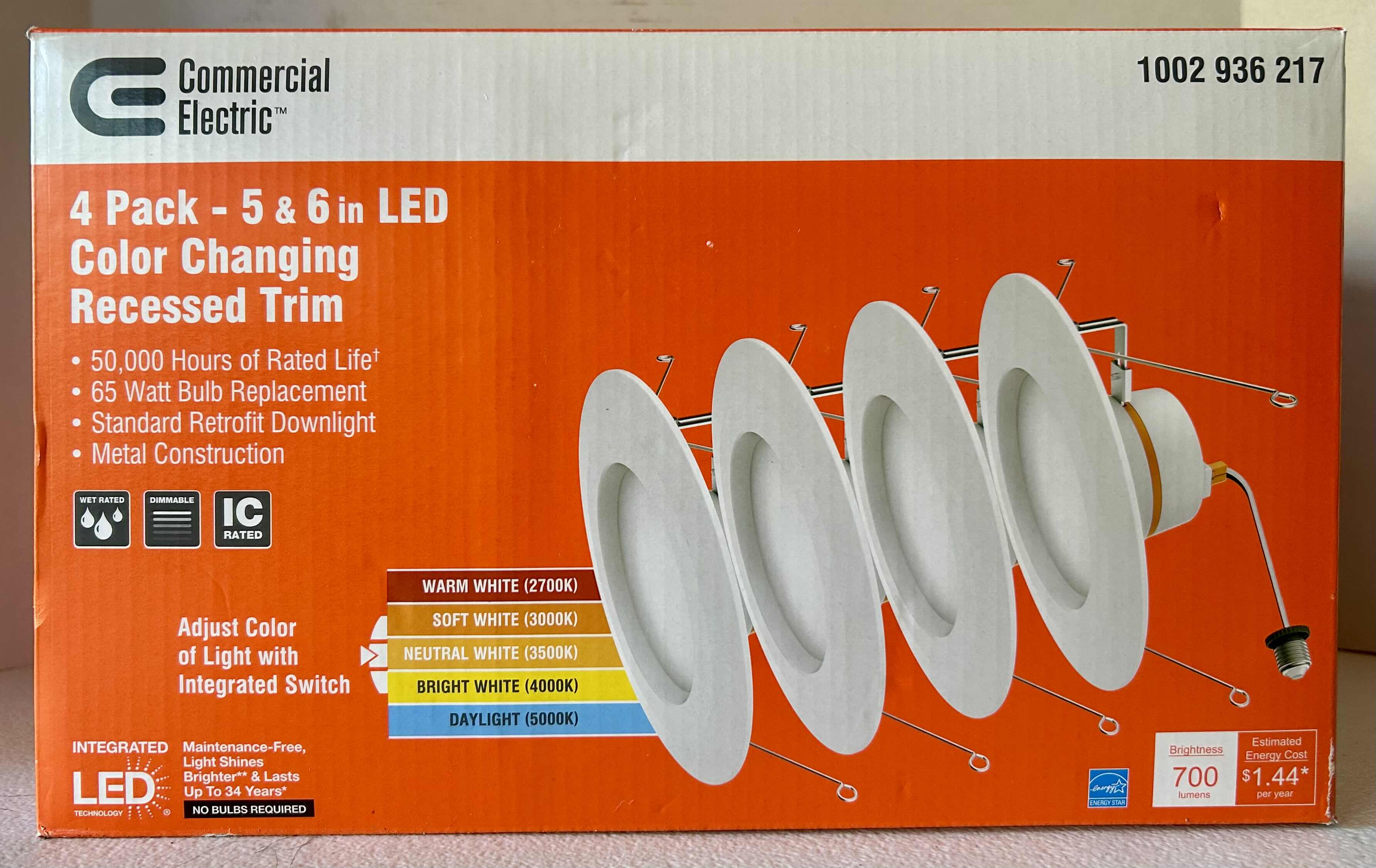 Photo 1 of BRAND NEW - COMMERCIAL ELECTRIC 5/6" WHITE INTEGRATED LED ENERGY STAR COLOR CHANGING RECESSED TRIM DOWNLIGHT 4 PK - RECESSED TRIM LIGHTS