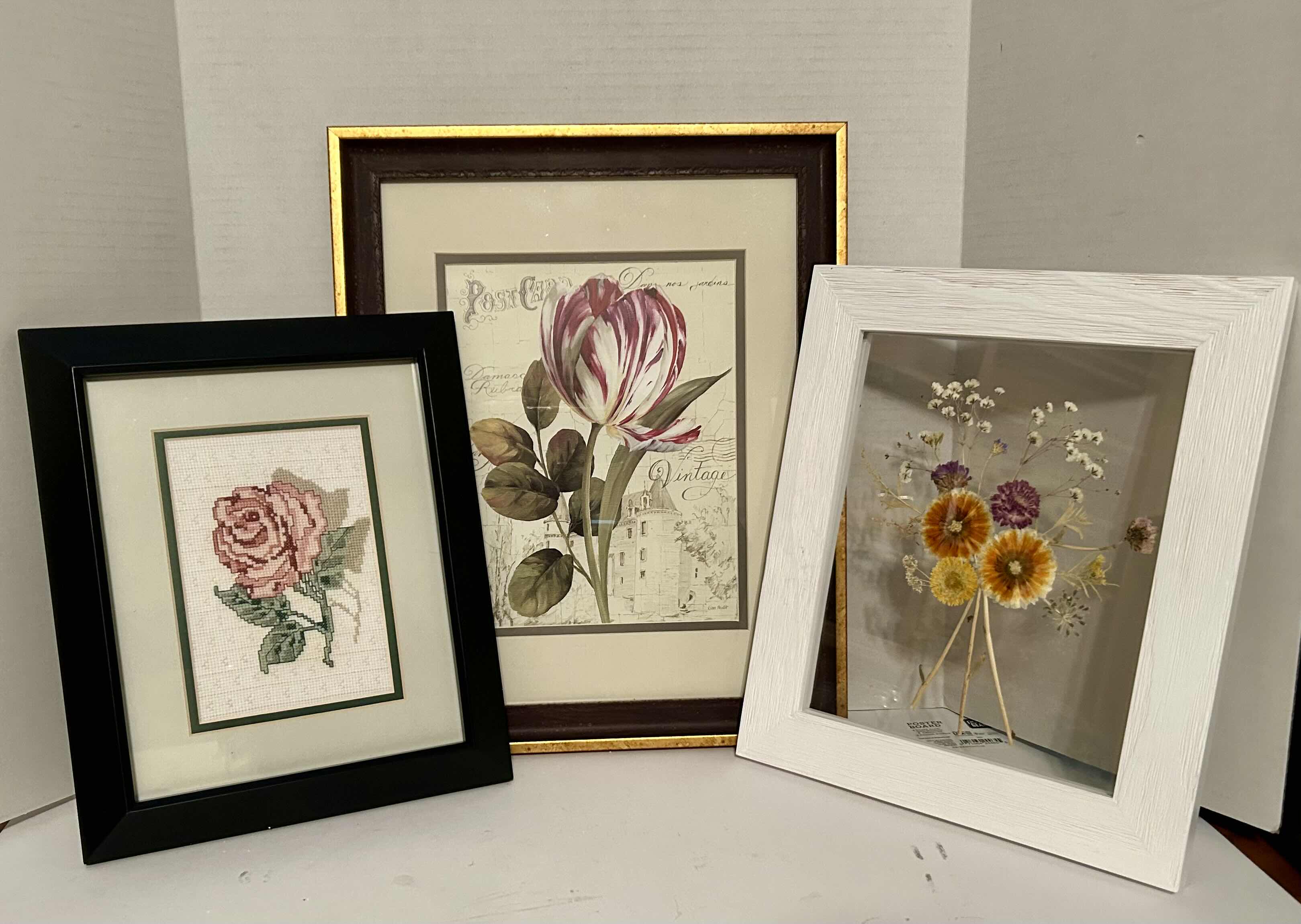 Photo 1 of ARTWORK CROSS STITCH ROSE 10” x 12”, WHITE FRAME FLOWERS 11” x 13”, AND FLOWER PICTURE 13” x 16”