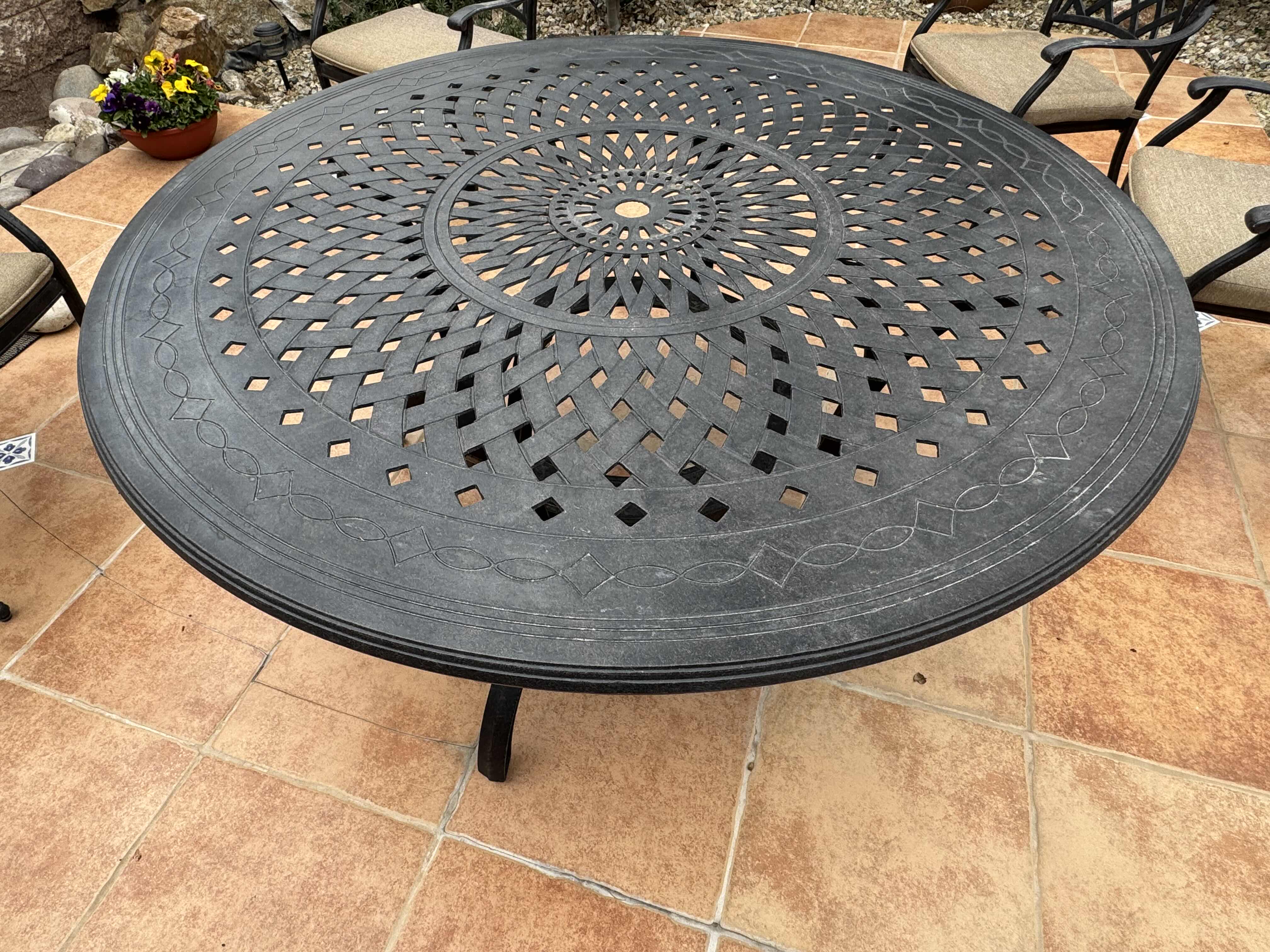 Photo 1 of BLACK METAL OUTDOOR DINING GARDEN TABLE 60” DIAMETER (PART OF SET WITH 6 CHAIRS, SOLD SEPARATELY.