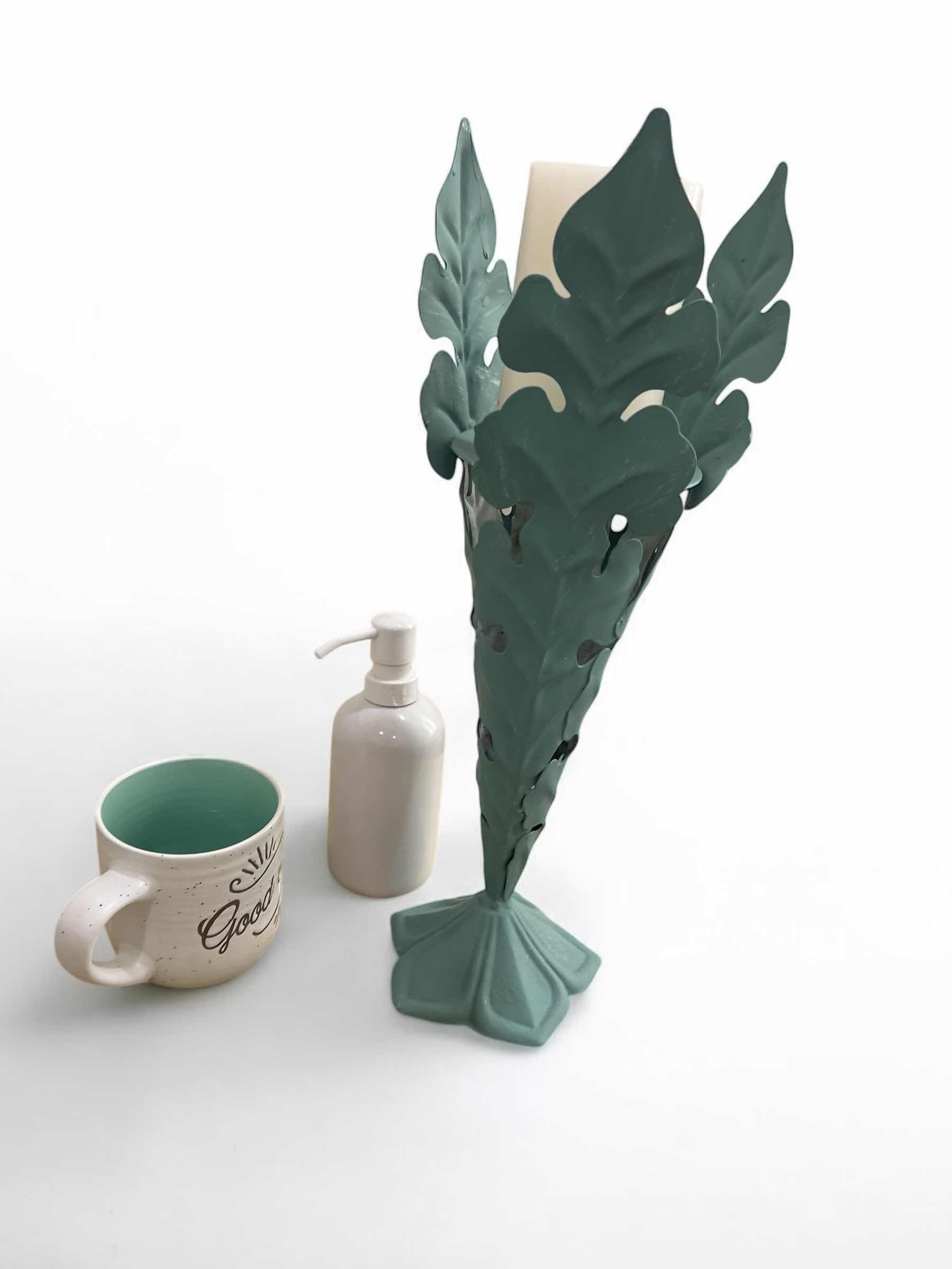 Photo 1 of HOME DECOR ITEMS-CANDLE, CANDLE HOLDER AND "GOOD VIBES" COFFEE MUG.